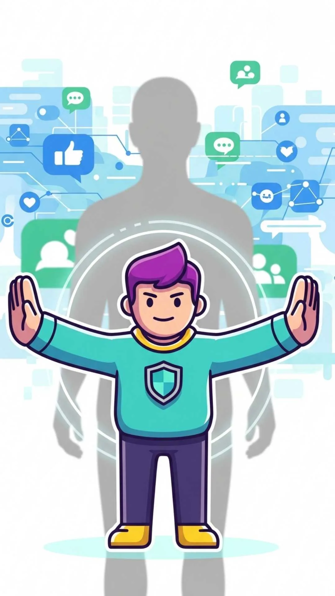 A conceptual image of a vibrant cartoon avatar as a privacy shield, protecting a blurred human silhouette from digital exposure, highlighting the crucial role of "cartoon images for DP" in safeguarding real-world identity and preventing image misuse on WhatsApp, Instagram, and Facebook, aligning with search intent around online security