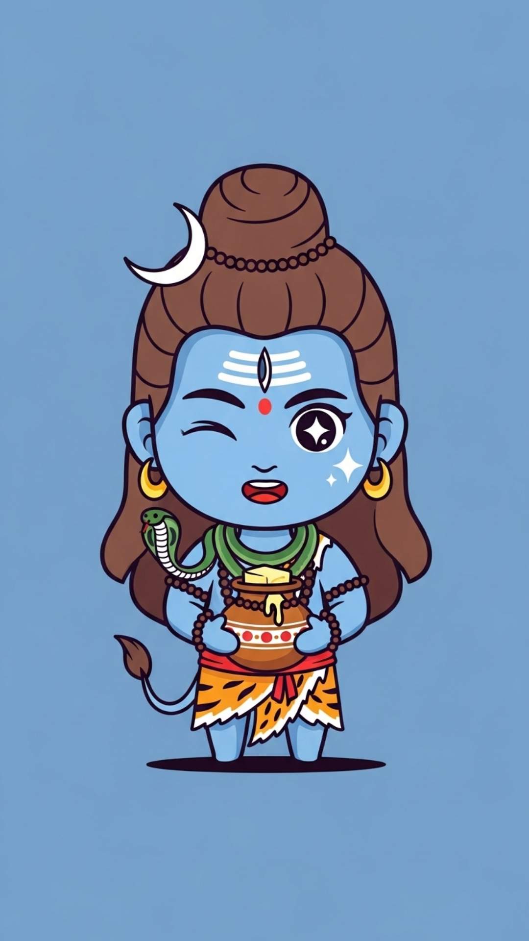 Minimalist Chibi Mahadev DP in a 'Kawaii' vector art style. This graphic features a winking Little Shiva holding a butter pot, designed with clean lines and a soft blue background. A trendy, unique choice for a cute WhatsApp profile picture that combines modern design with traditional faith.