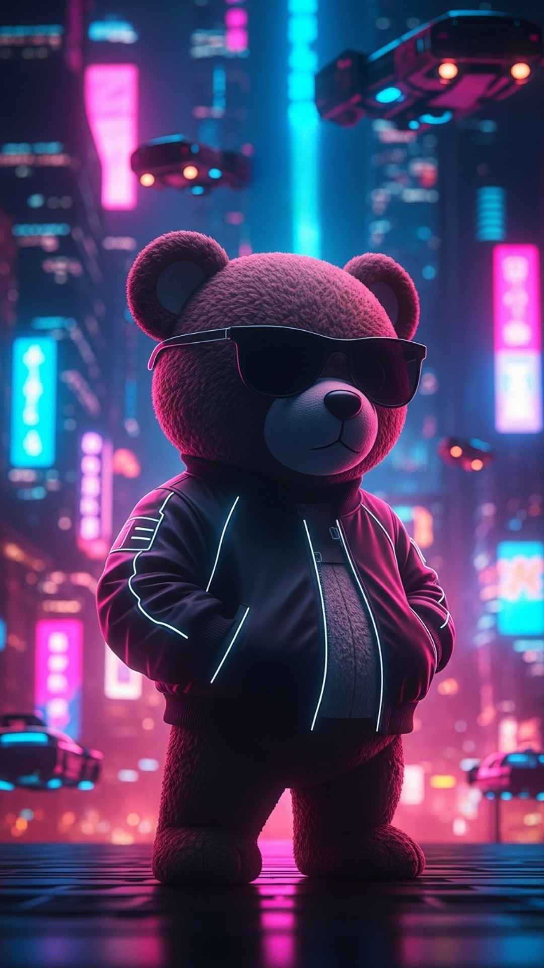 A cool silhouetted teddy bear against a neon city background, used as a mysterious digital avatar to protect user identity on social media profiles while remaining approachable.