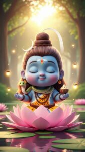 3D Cute Bal Shiv DP for WhatsApp featuring an adorable, animated Baby Shiva meditating on a lotus flower. This heartwarming image captures the innocence of the 'Bhole' avatar with soft lighting and pastel colors. Perfect for users seeking a peaceful, high-quality cartoon style Mahadev profile picture to express spiritual joy.