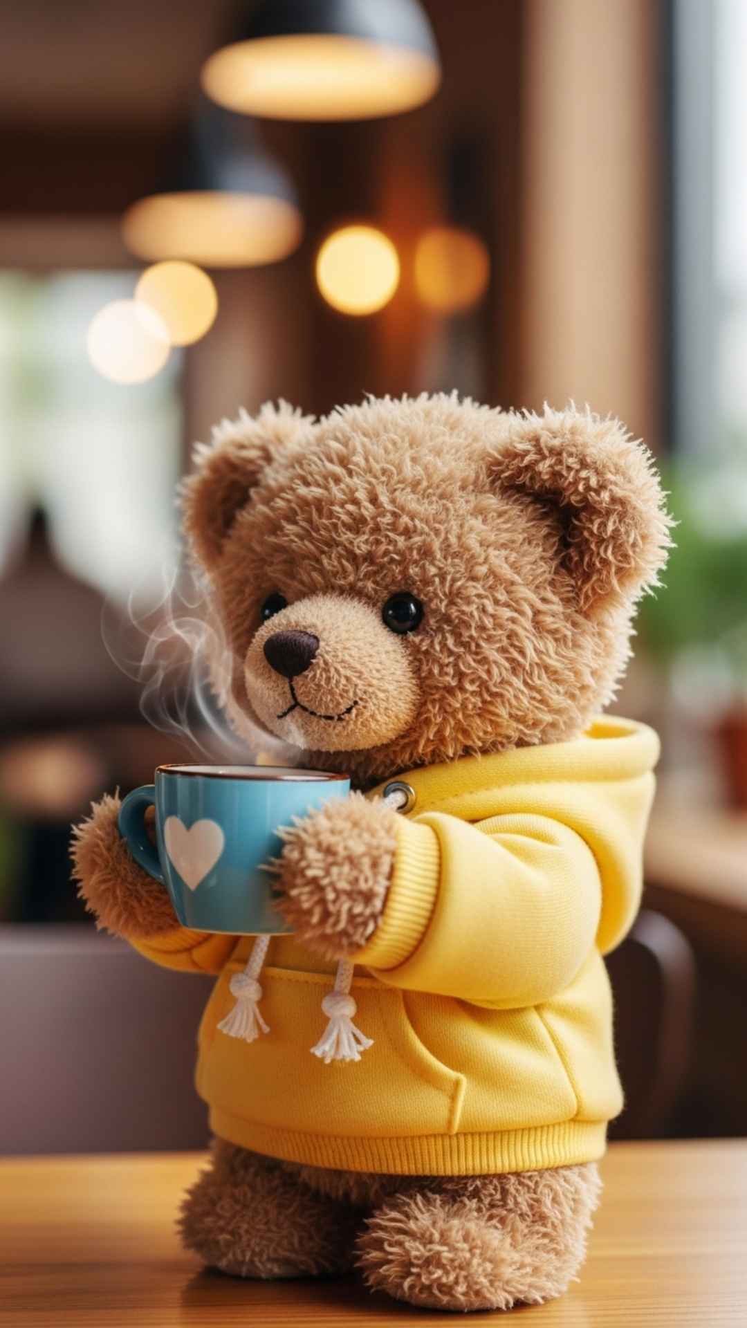 A cute, fluffy teddy bear in a hoodie holding a coffee mug, conveying a cozy and playful universal emotional signal for an aesthetic WhatsApp display picture