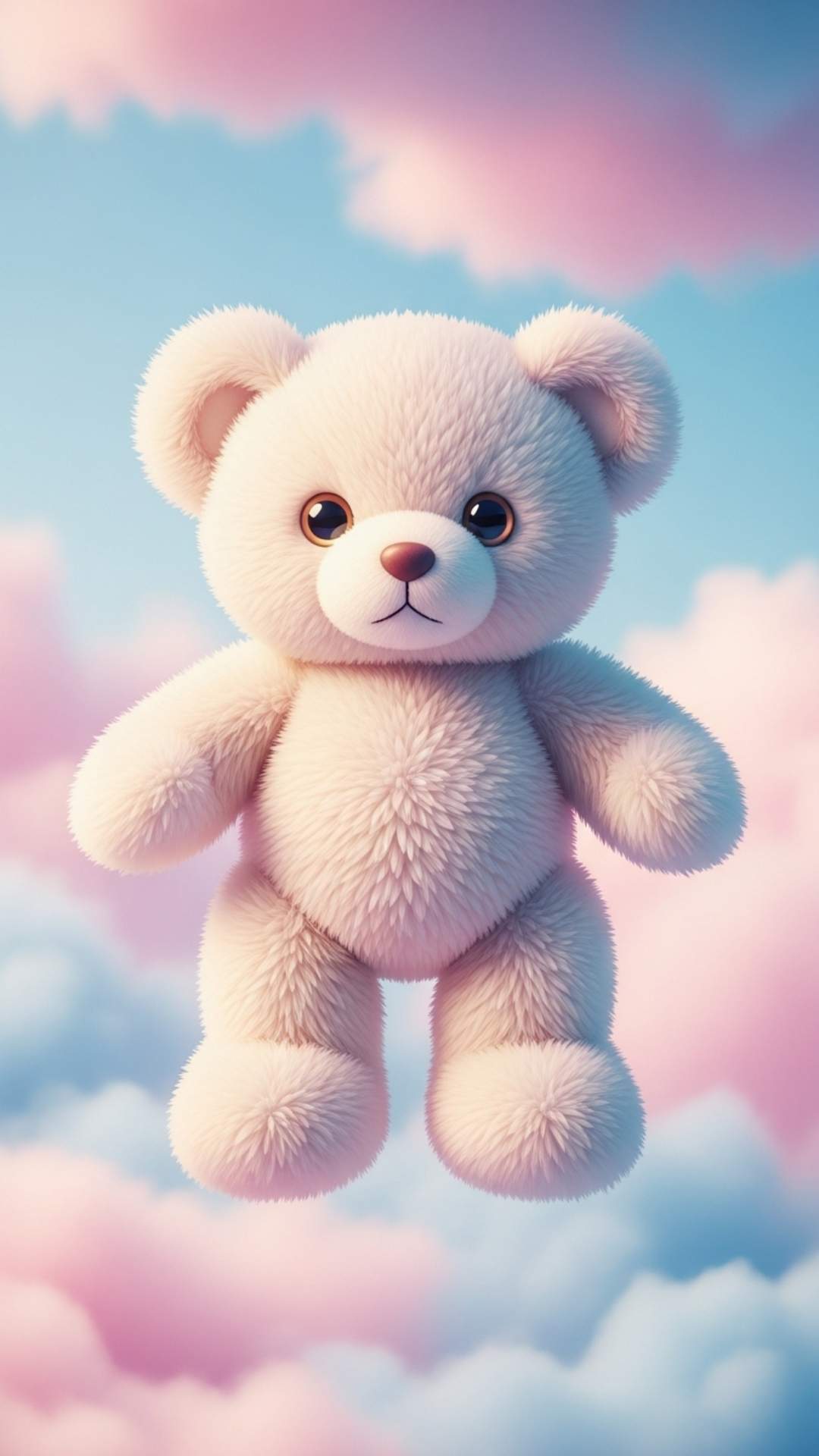 A hyper-realistic cute fluffy teddy bear wallpaper in soft pastel pink and cream colors, sitting on clouds to create a healing and innocent vibe, perfect for a girl's Instagram DP or cheerful WhatsApp status update.