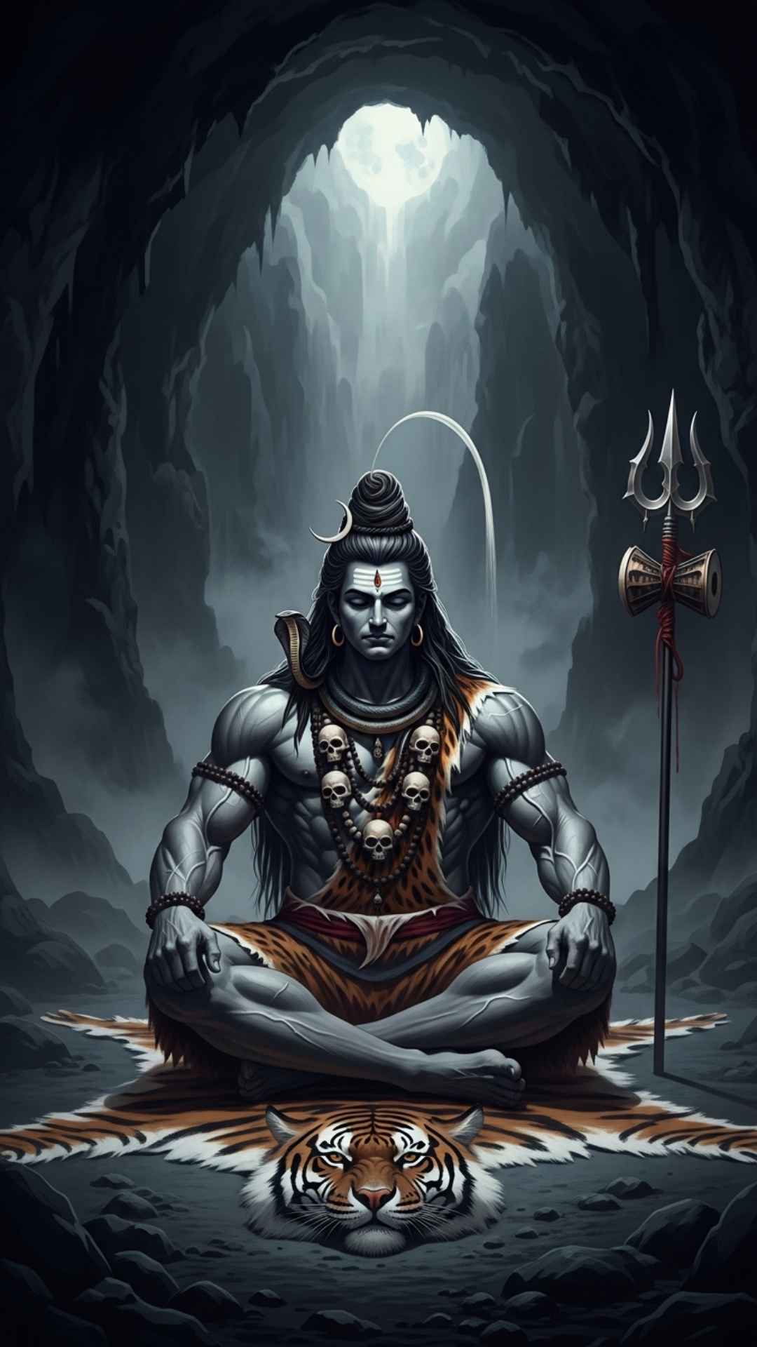 Dark aesthetic Mahakal DP for boys featuring a muscular Lord Shiva sitting in a shadowy cave with a skull garland. This black-themed wallpaper exudes a stoic, fearless attitude and deep meditation vibes. Perfect for AMOLED screens and users looking for a mysterious, cool, and strong religious profile picture.