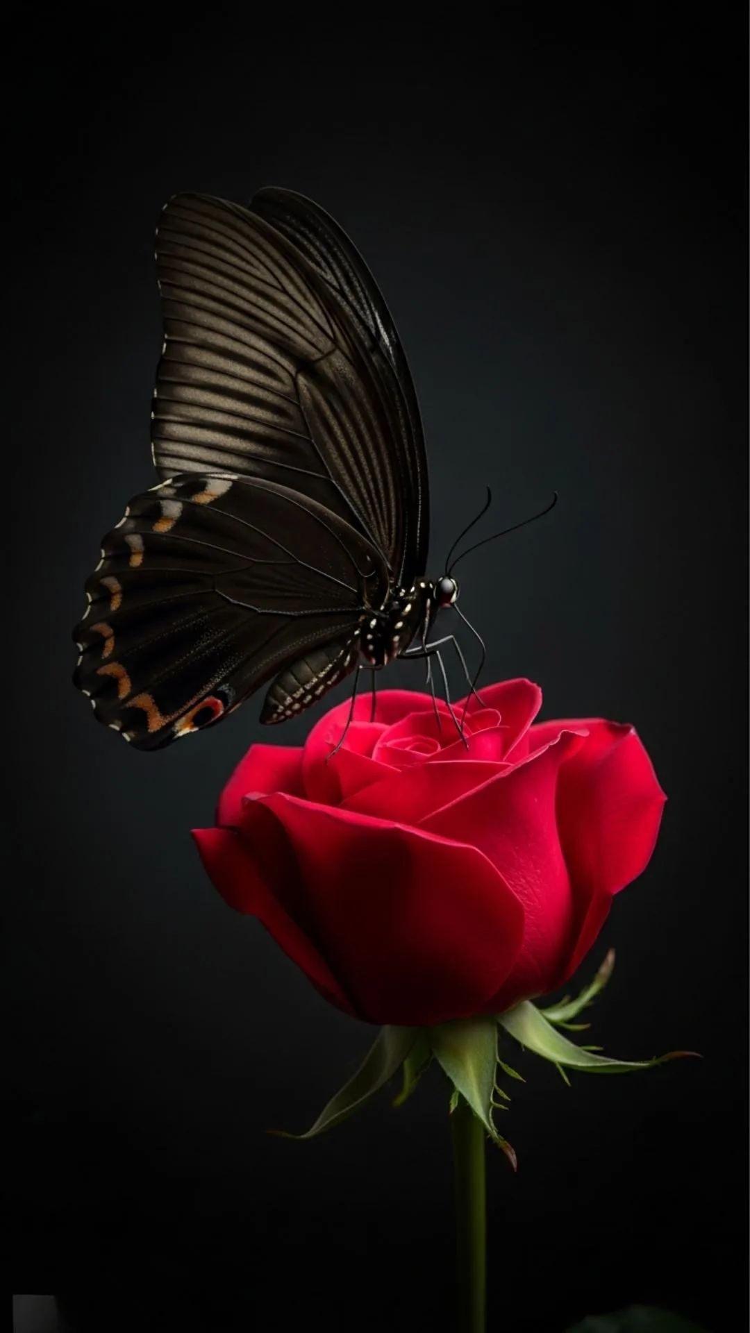 An elegant black butterfly DP with a mysterious, sophisticated vibe, showing the butterfly on a red rose. This beautiful 4K photo is a free HD download, ideal for a dark, romantic, or aesthetic WhatsApp profile. From Majekfilms.com.