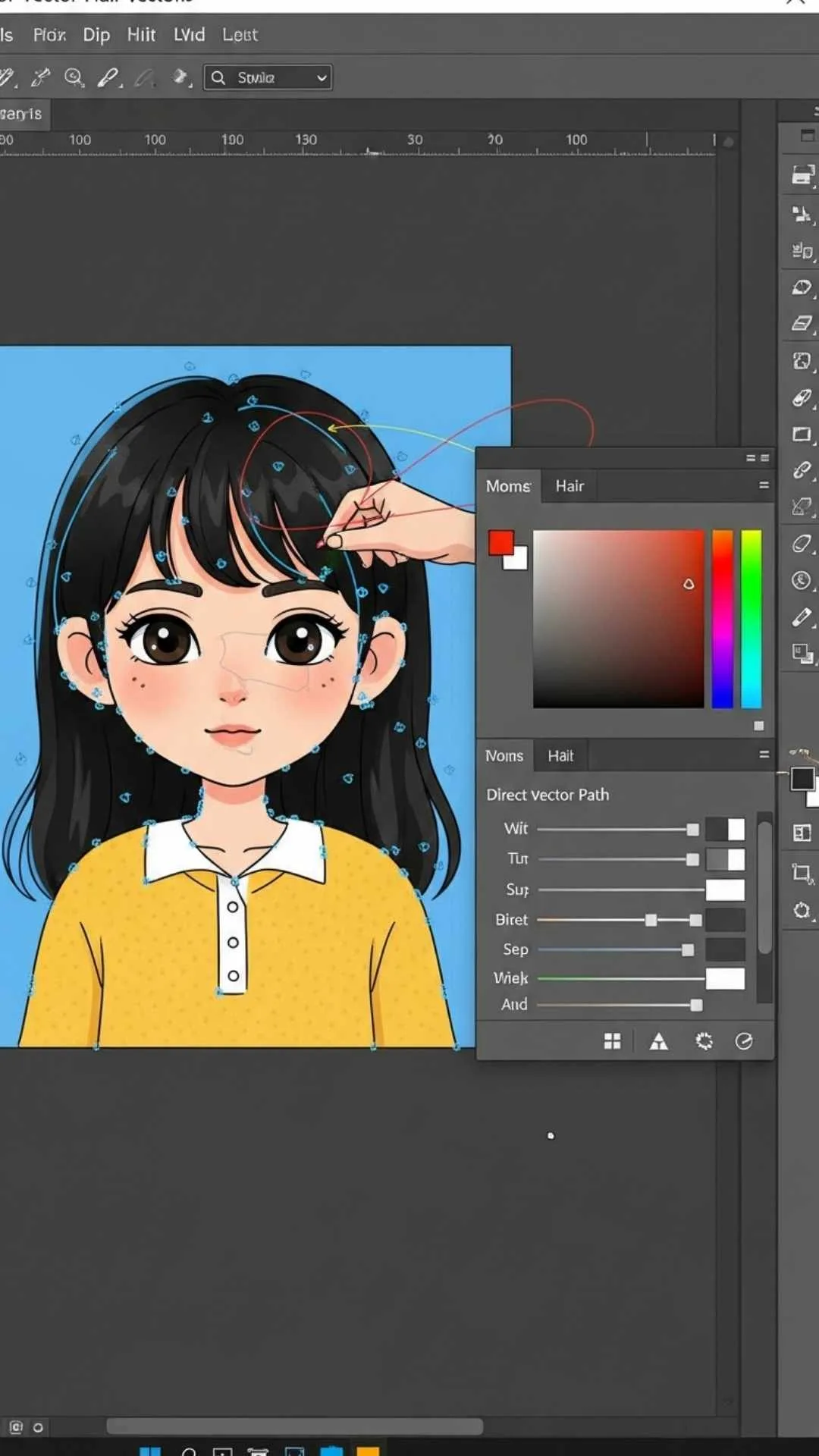A vector "cartoon image for DP" on a design software interface, illustrating the customization possibilities of downloading images from Freepik, where users can modify character details like hair or shirt color, catering to those seeking unique and personalized profile pictures beyond ready-made downloads.