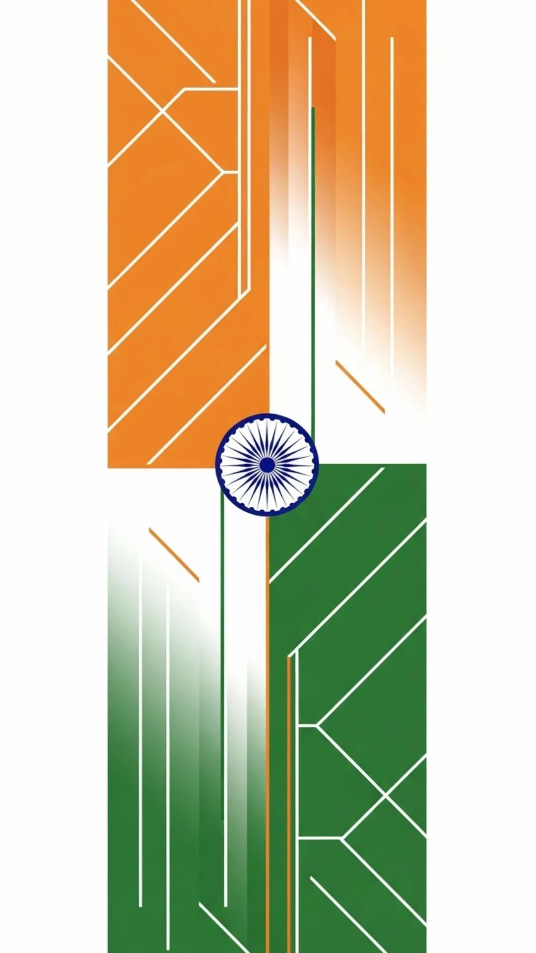 A modern 'Tiranga abstract art DP' featuring a sharp geometric pattern in saffron, white, and green. This 9:16 4K wallpaper offers a unique and stylish aesthetic for a creative profile picture, reflecting a contemporary approach to Indian flag DP images