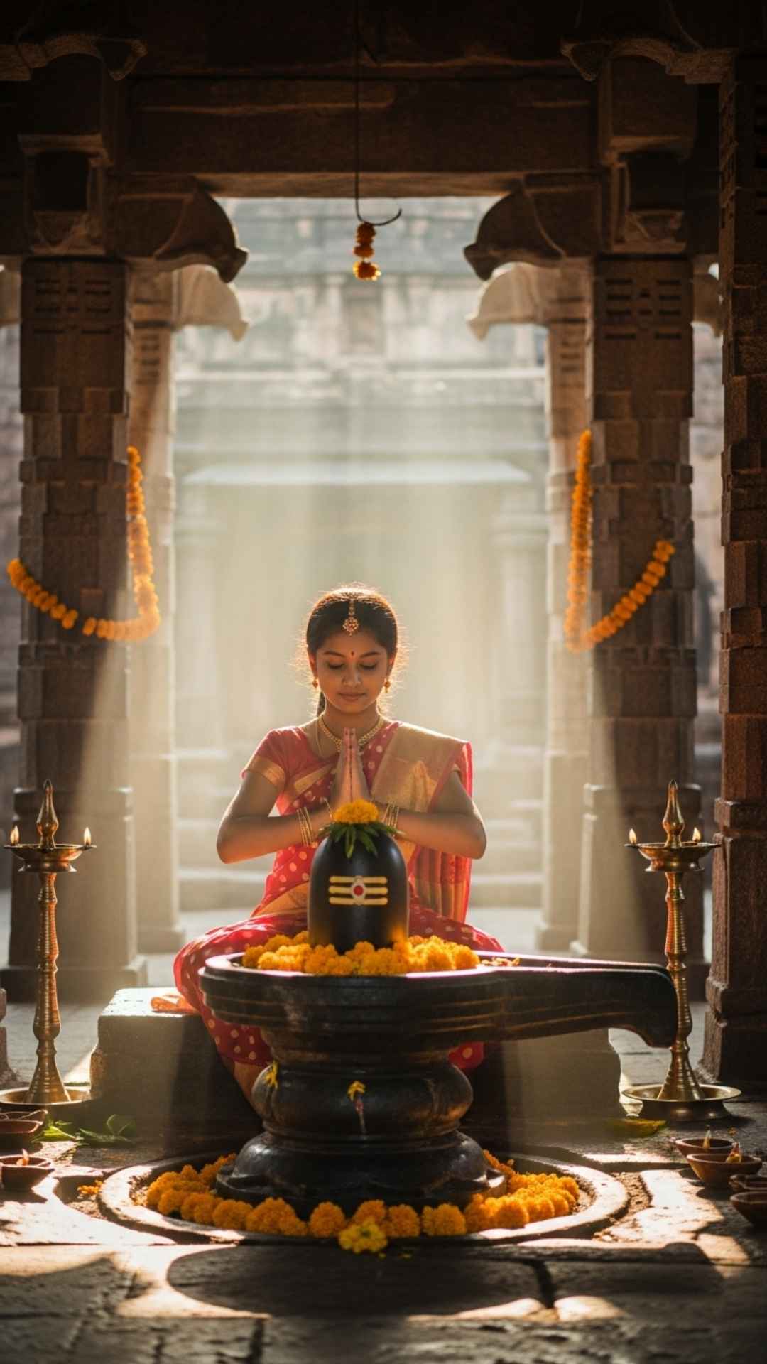Aesthetic DP of a girl praying to Shiva Lingam in a temple, representing pure Bhakti (devotion). This photography-style image captures a moment of spiritual connection and prayer. Ideal for girls searching for a 'Mahadev devotee' profile picture that reflects faith, tradition, and inner peace.