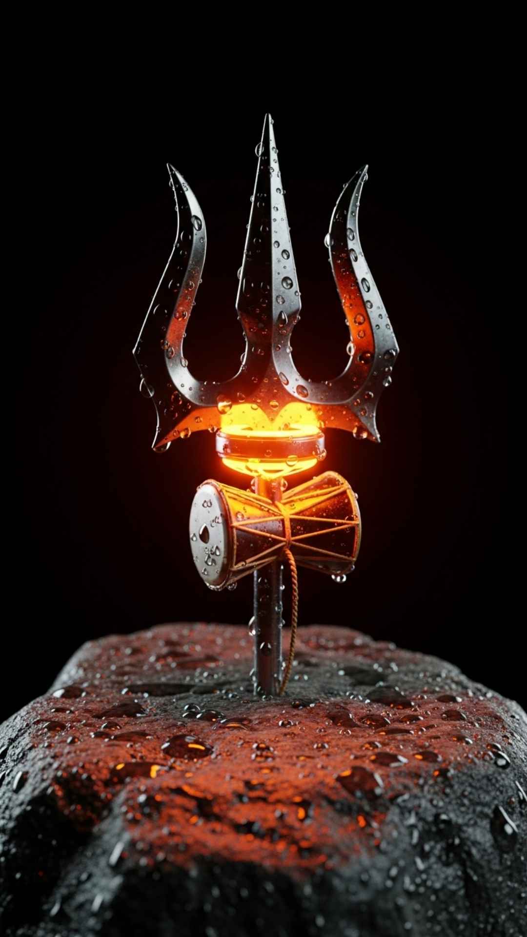 Aesthetic Black Trishul DP for WhatsApp with a neon glowing Damru on a dark background. This symbolic image represents the power of Lord Shiva (The Destroyer) without showing his face, offering a subtle yet powerful statement of faith. Ideal for a modern, stylish, and high-quality phone wallpaper or Instagram profile pic.