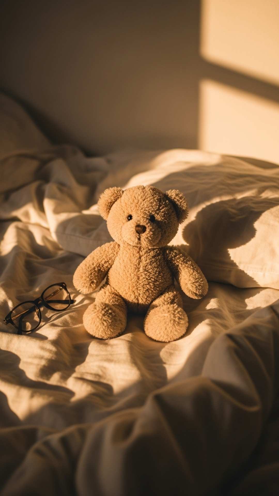 An aesthetic teddy bear lying on messy white bedsheets during golden hour, representing the cozy clean girl aesthetic for a neutral tone Instagram DP or Pinterest moodboard background.