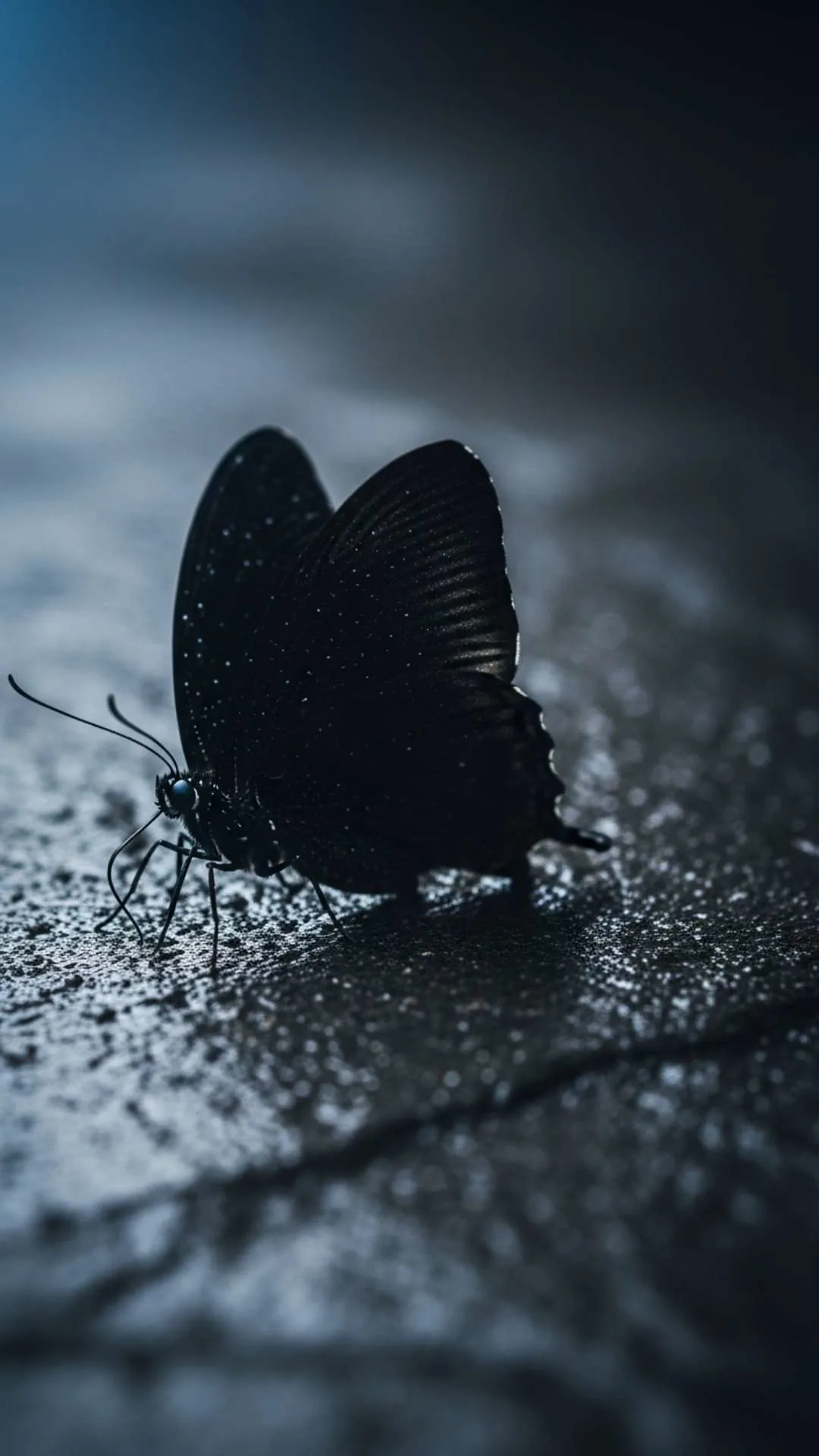 A mysterious black butterfly DP in a dark, gothic style, showing a butterfly on wet rock. This 4K, moody, grunge-aesthetic photo is a free HD download for a cool, attitude-filled WhatsApp or Instagram DP. Part of our Black DP collection.