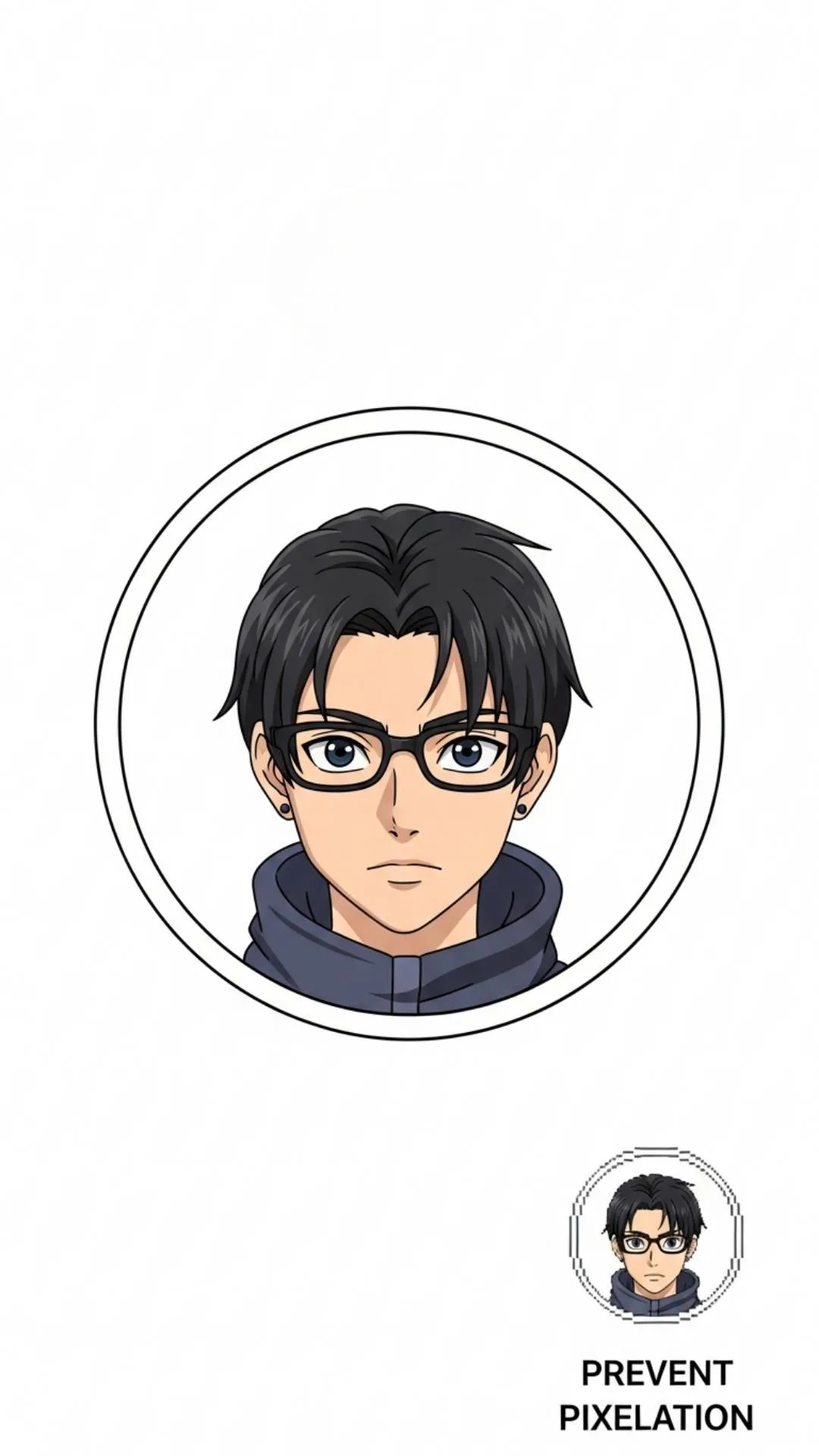 A high-definition "cartoon image for DP" displayed perfectly within a social media profile frame, contrasting with a small, pixelated version to visually demonstrate the importance of optimizing for size and resolution, preventing pixelation for sharp avatars on WhatsApp and Instagram, directly addressing user concerns about image quality.