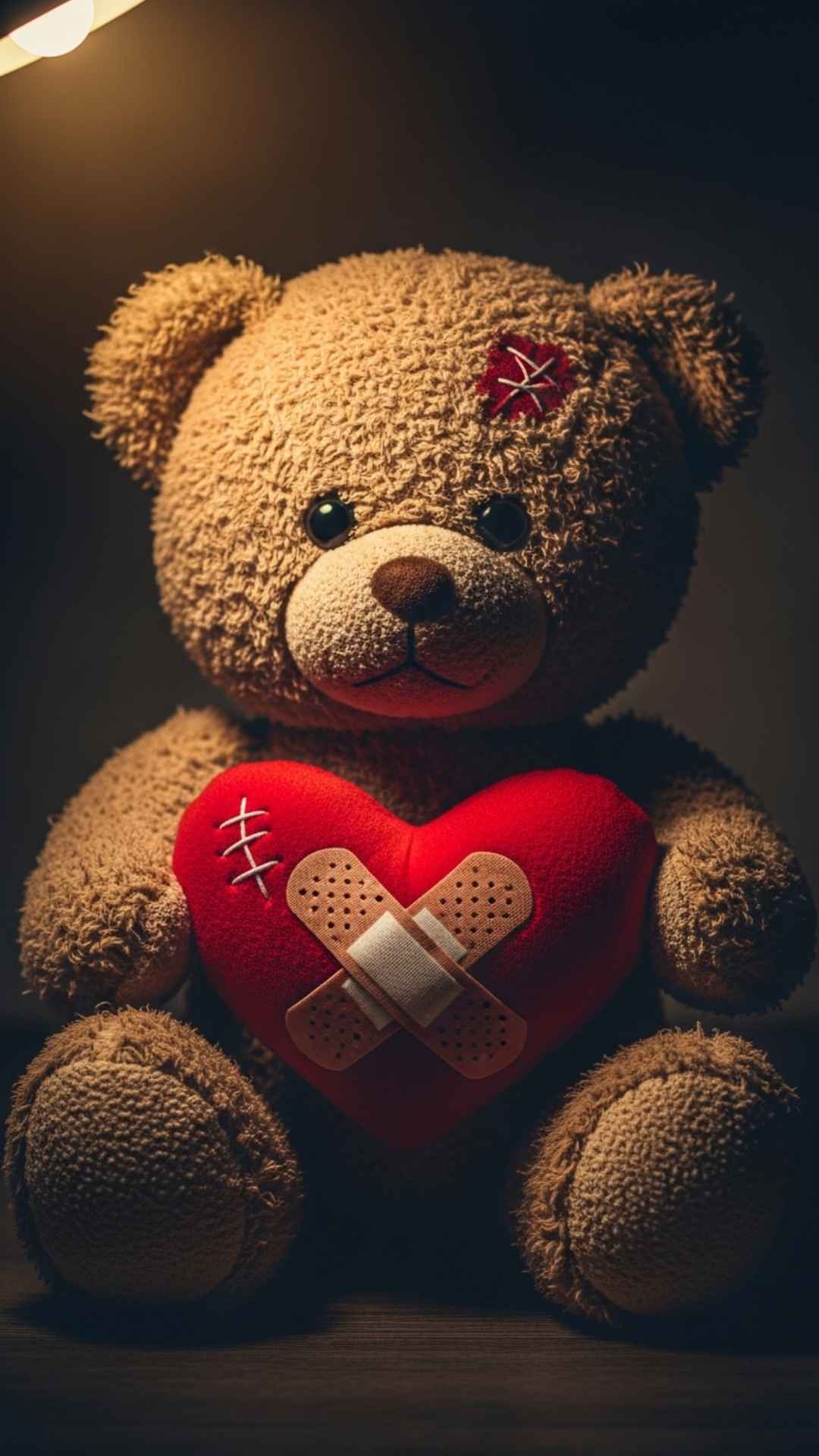 A sad teddy bear holding a bandaged red heart in dim lighting, symbolizing the process of healing a broken heart after a breakup, perfect for an emotional and meaningful display picture for Instagram or Facebook status.