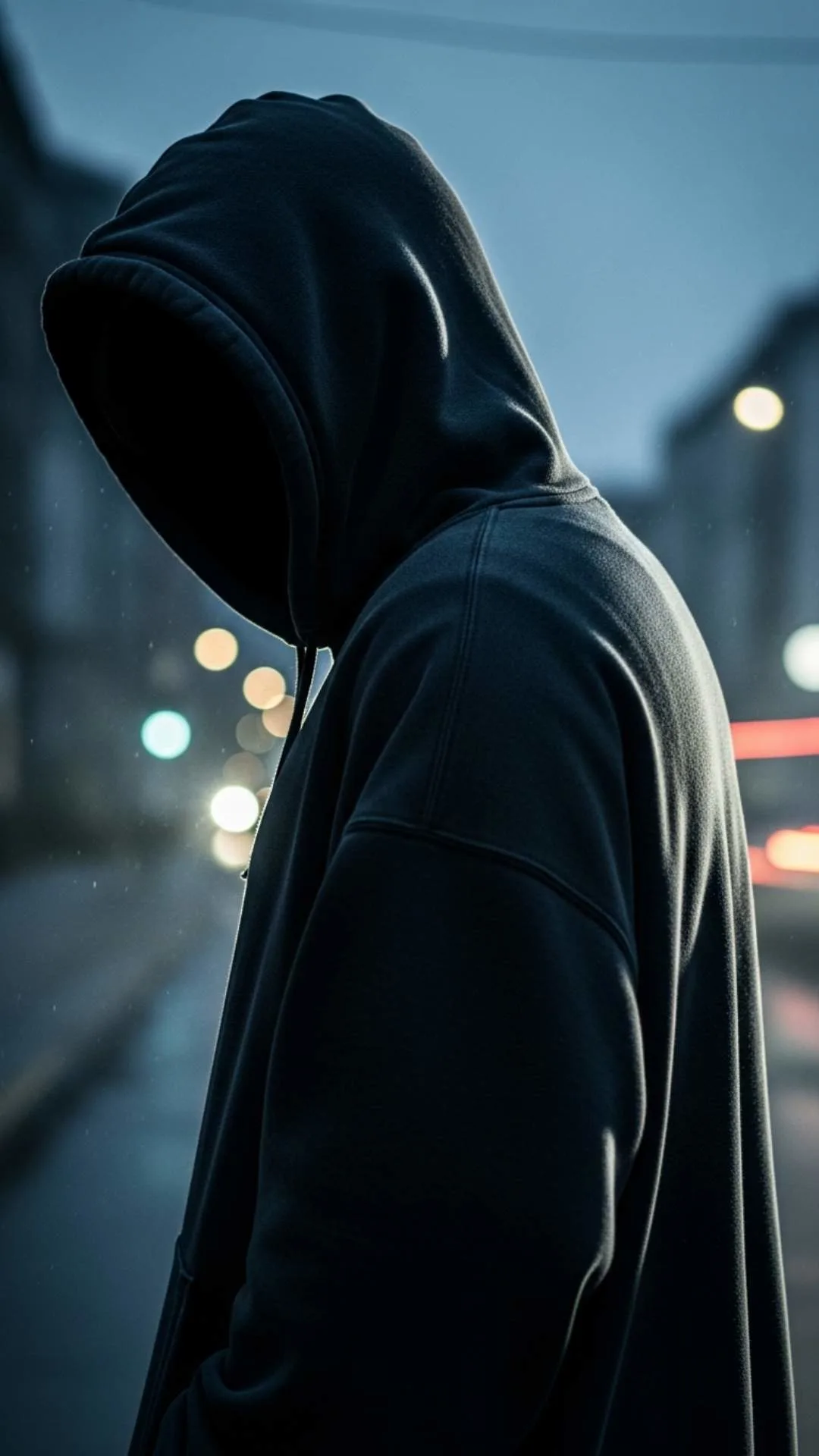 A high-quality 4K "No DP Image" of a person in a dark hoodie, their face completely hidden in shadows, symbolizing privacy and a hidden identity, perfect as an anonymous WhatsApp DP or for users seeking privacy.