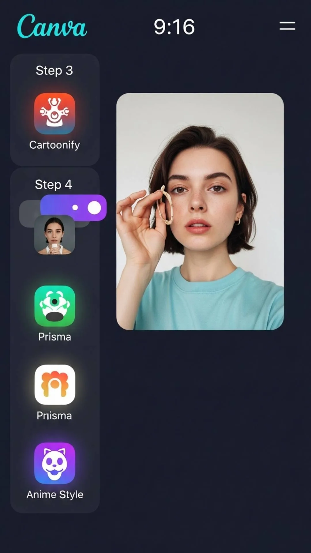 A step-by-step visual guide for creating a 'cartoon image for DP' using Canva's AI apps, showing a selfie on a canvas with AI effect options like 'Cartoonify' and 'Anime Style,' demonstrating the process for generating a unique, high-quality profile picture from a personal photo for 2025.