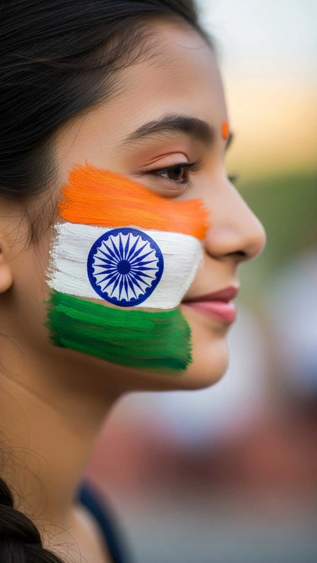 An artistic 'Indian flag DP for girls' in 9:16 HD. This beautiful, respectful image shows the Tiranga painted on a girl's cheek, a popular and aesthetic way to show personal pride. A helpful idea for a unique WhatsApp DP.