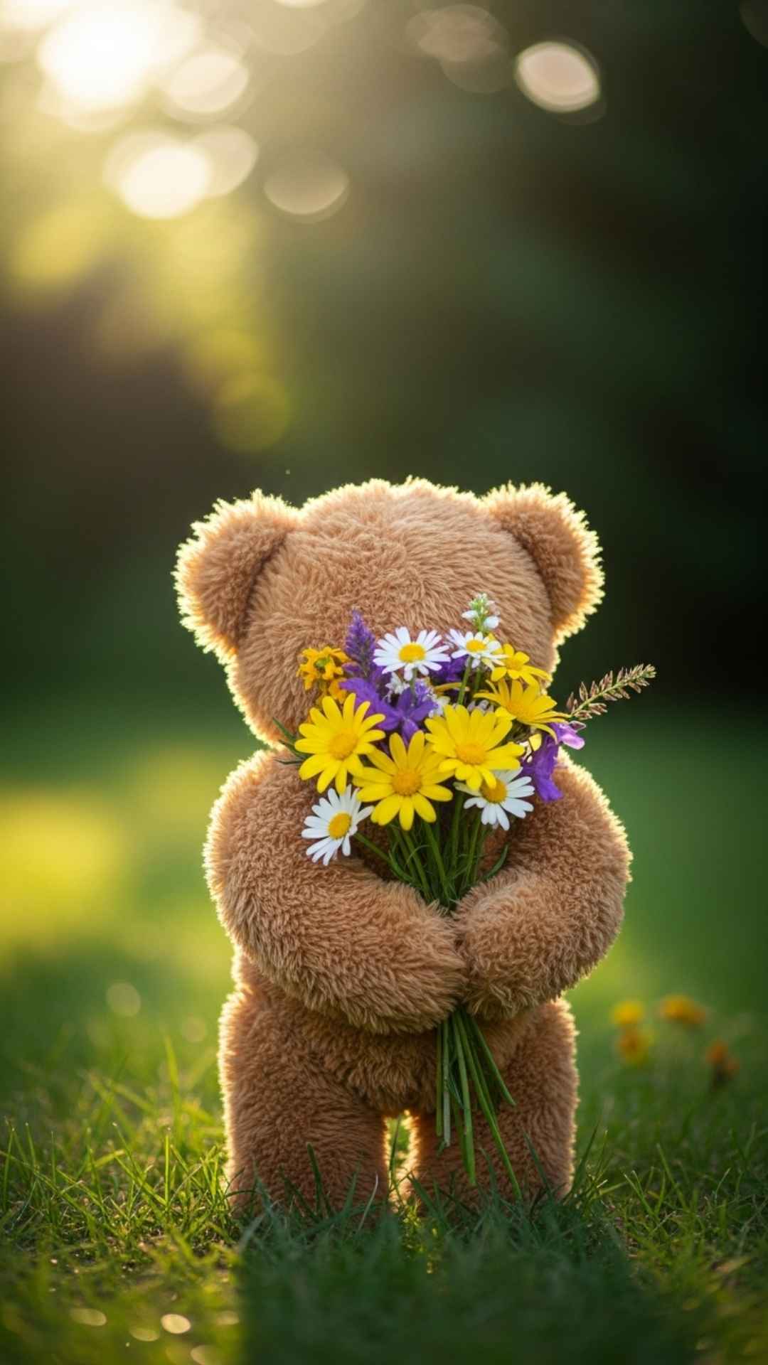 An innocent teddy bear holding a bouquet of yellow daisy flowers in a sunlit garden, symbolizing positivity and warmth for a nature-inspired aesthetic profile picture or a romantic cute DP for girls.