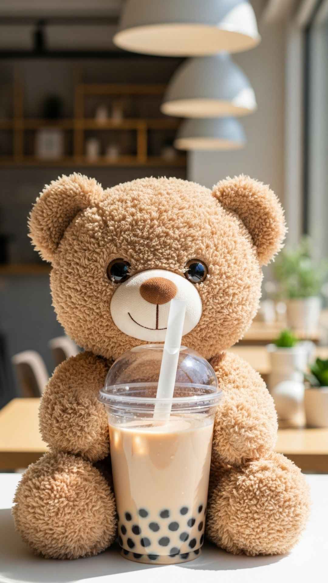 An adorable kawaii teddy bear holding bubble tea (boba) with a sweet smile, representing the trendy soft toy aesthetic for users searching for cute profile pictures and cheerful display images for social media apps.