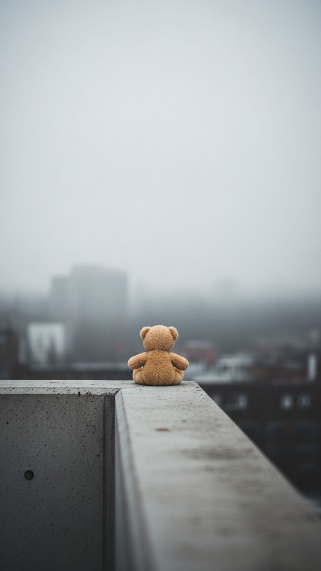 A lonely teddy bear back view sitting on a rooftop looking at a foggy city, representing quiet solitude and the need for space, perfect for users searching for a sad DP image without showing a face to express isolation.