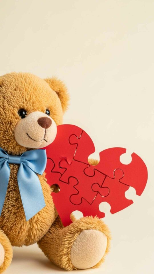 A cute teddy bear wearing a blue bowtie holding the left half of a red heart, designed as a matching couple DP for boys to pair with the girl's version on WhatsApp or Instagram.