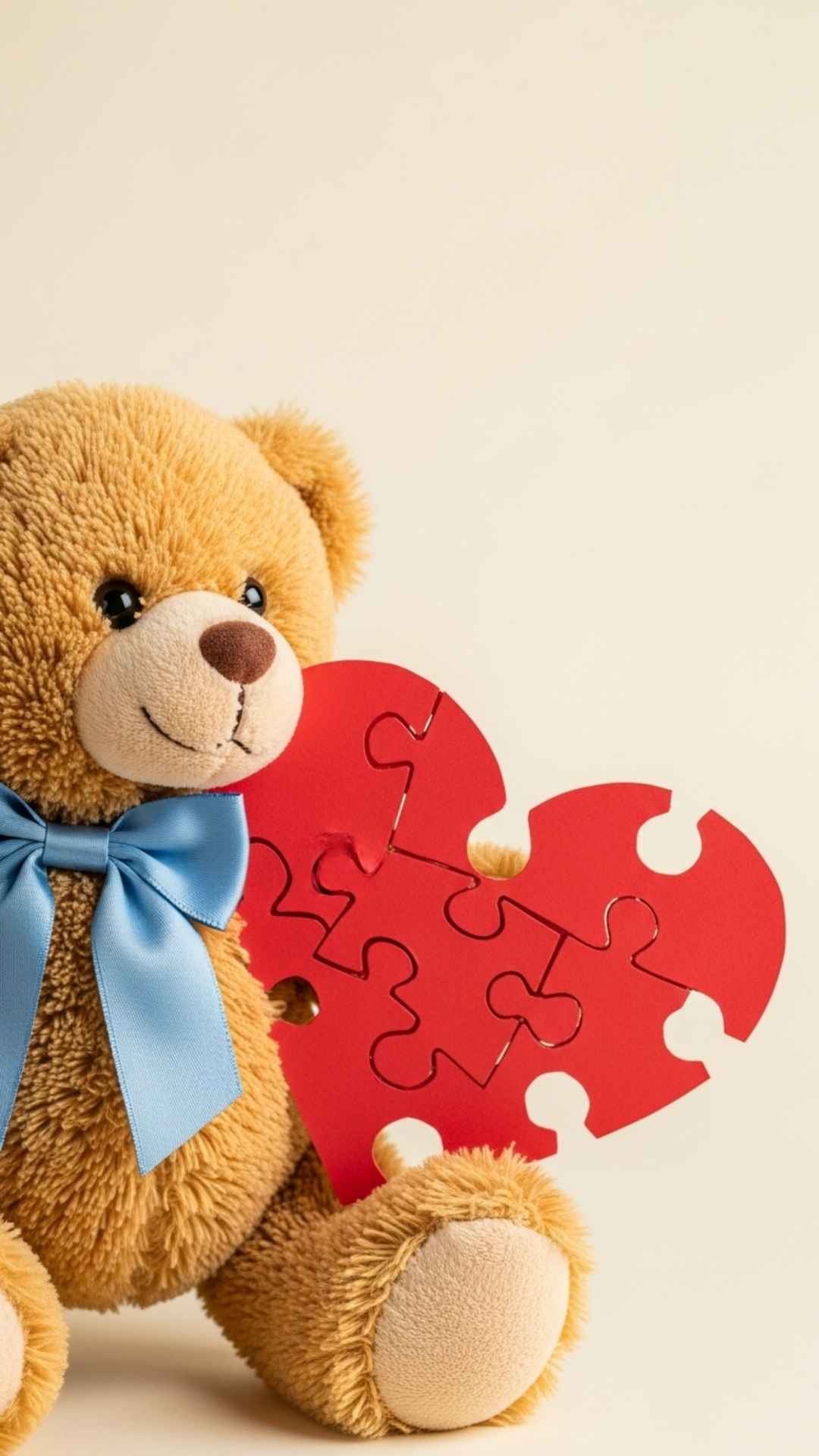A cute teddy bear wearing a blue bowtie holding the left half of a red heart, designed as a matching couple DP for boys to pair with the girl's version on WhatsApp or Instagram.