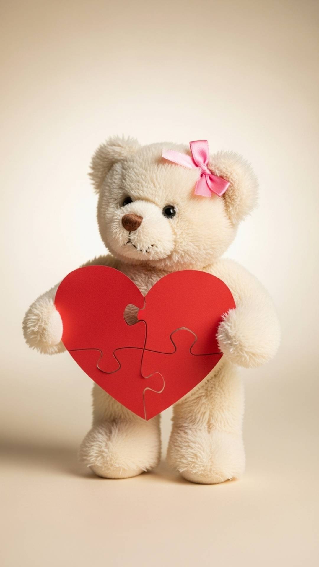 A cute teddy bear wearing a pink ribbon holding the right half of a red heart, serving as the matching profile picture for girls to complete the couple heart puzzle on social media.