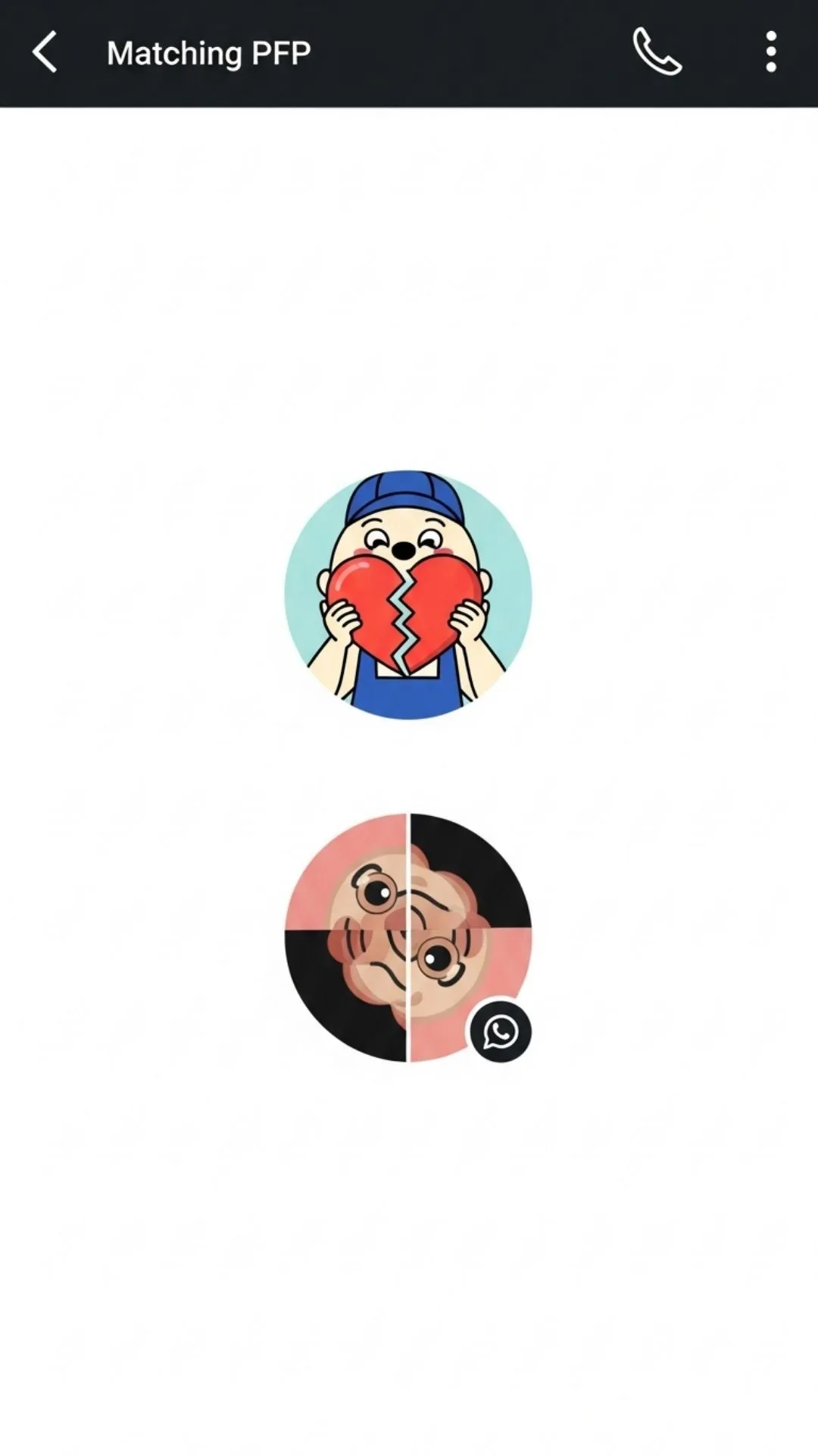 A clear demonstration of how "matching pfp" works on a chat list. This image shows two "cartoon images for DP" joining to form a single picture, visually explaining the "couple dp" trend for users on WhatsApp or Instagram, and answering the question "what is a matching pfp?"