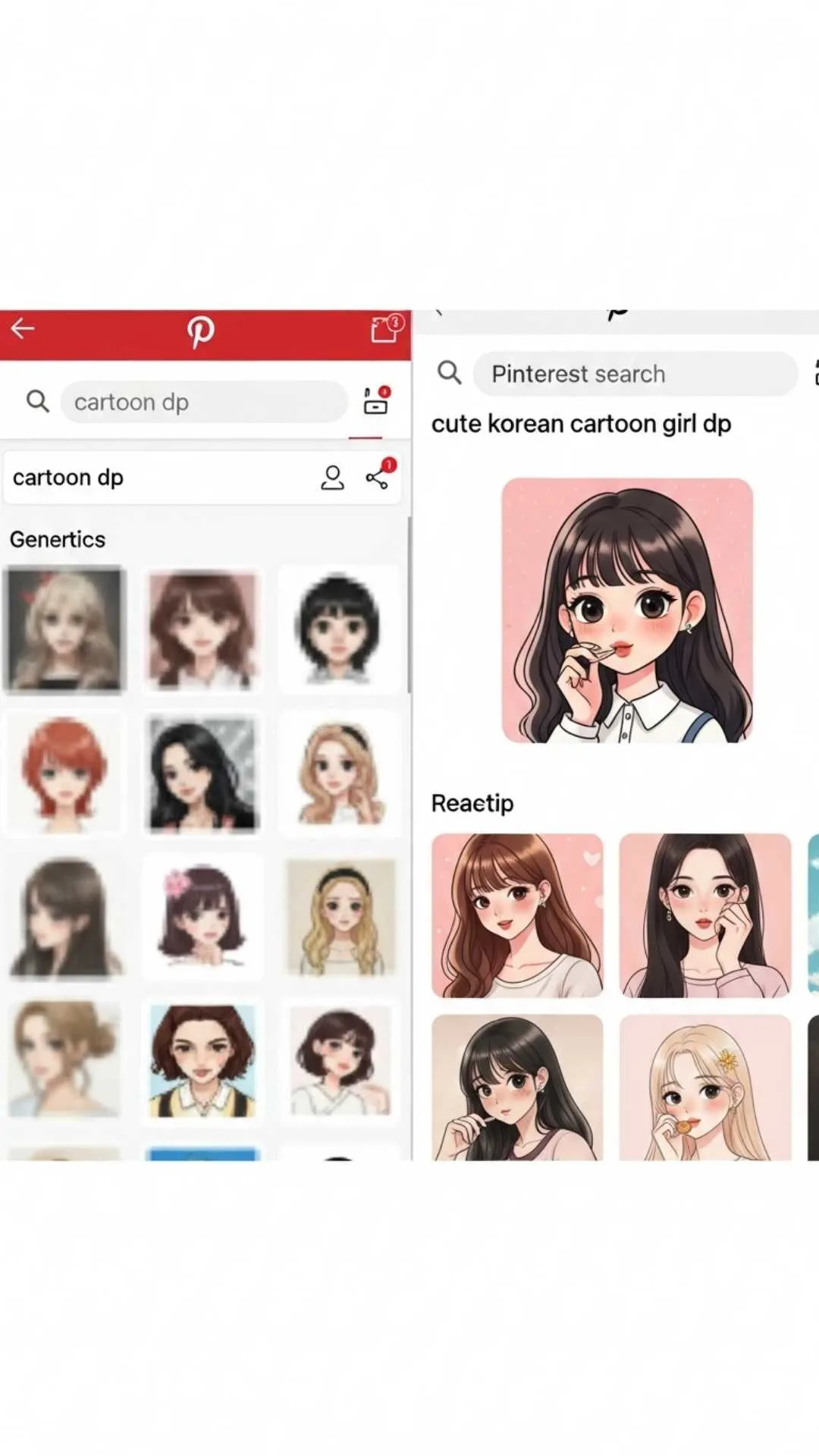 A visual comparison of Pinterest search results, contrasting a generic "cartoon dp" search with precise long-tail keywords like "cute korean cartoon girl dp," illustrating how to find high-quality, specific "cartoon images for DP" on Pinterest, a key source for aesthetic profile pictures (PFP) for Instagram and WhatsApp users.