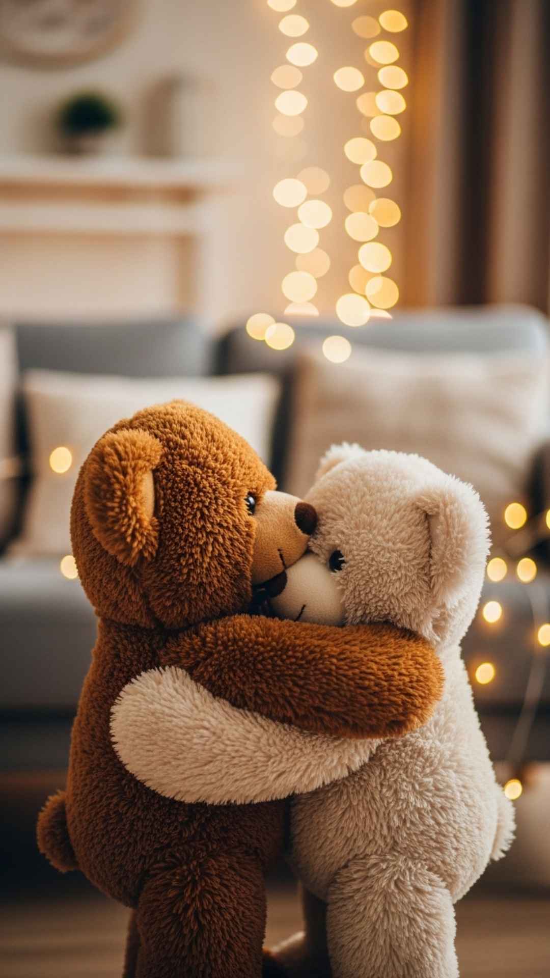 Two cute teddy bears hugging tightly in a romantic warm setting, representing relationship goals and deep affection for a love-themed WhatsApp DP or Facebook cover photo.