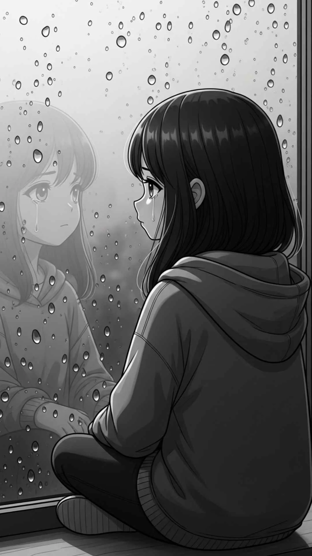 A 'sad cartoon dp' used to express a lonely or melancholic mood. This grayscale image of a girl by a rainy window is a prime example of an aesthetic, moody profile picture, fulfilling the user need for 'lonely cartoon dp' or 'sad aesthetic pfp' for self-expression on social media