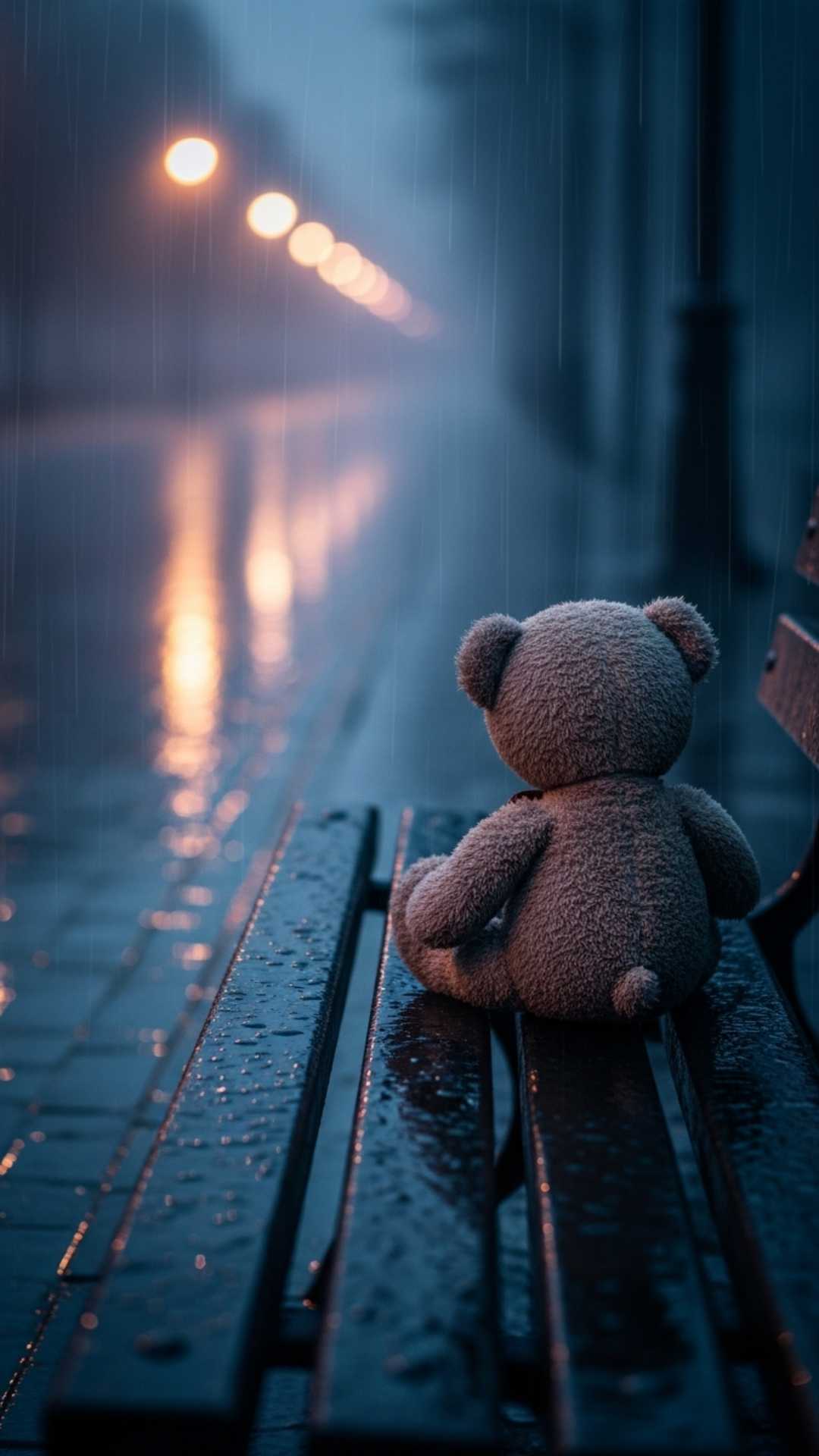 A sad teddy bear sitting alone in the rain with moody blue lighting, serving as a powerful visual metaphor for heartbreak, depression, and abandonment, ideal for a sad WhatsApp DP for boys or girls feeling down.