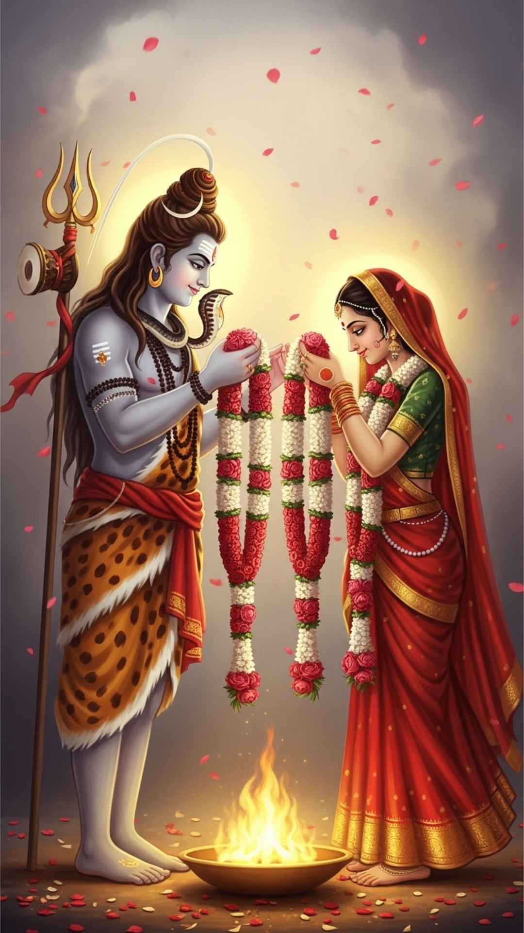 Shiv Parvati wedding image HD for WhatsApp DP, depicting the divine Vivaha ceremony and exchange of garlands. This romantic religious picture symbolizes the eternal bond and ideal marriage, perfect for couples looking for a 'Made for each other' spiritual status. High-quality illustration of Mahadev and Gauri in bridal attire.