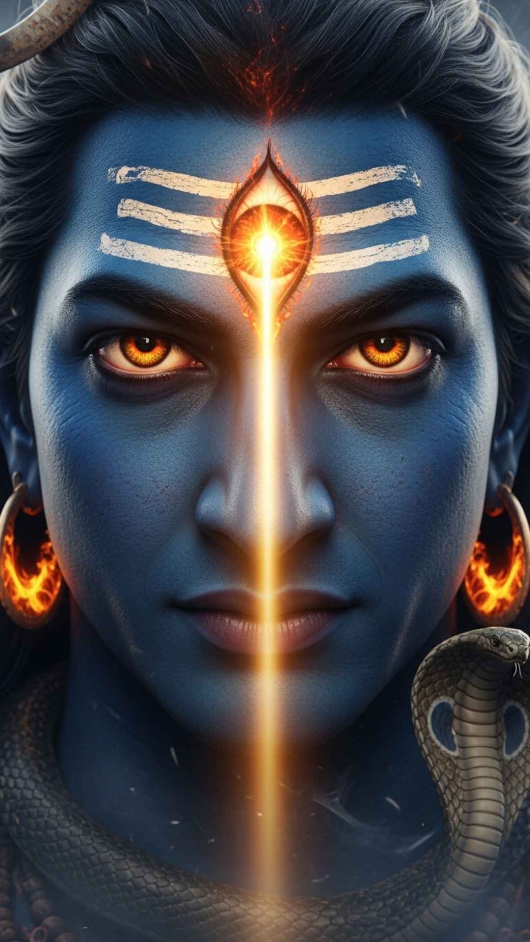 Close-up Bholenath DP focusing on the opening of the Third Eye (Ajna Chakra), representing wisdom and the destruction of illusion. This intense Mahadev face image captures a commanding gaze, ideal for users searching for a 'Don't mess with me' attitude status. 4K vertical wallpaper of Shiva's fiery eyes and blue throat.