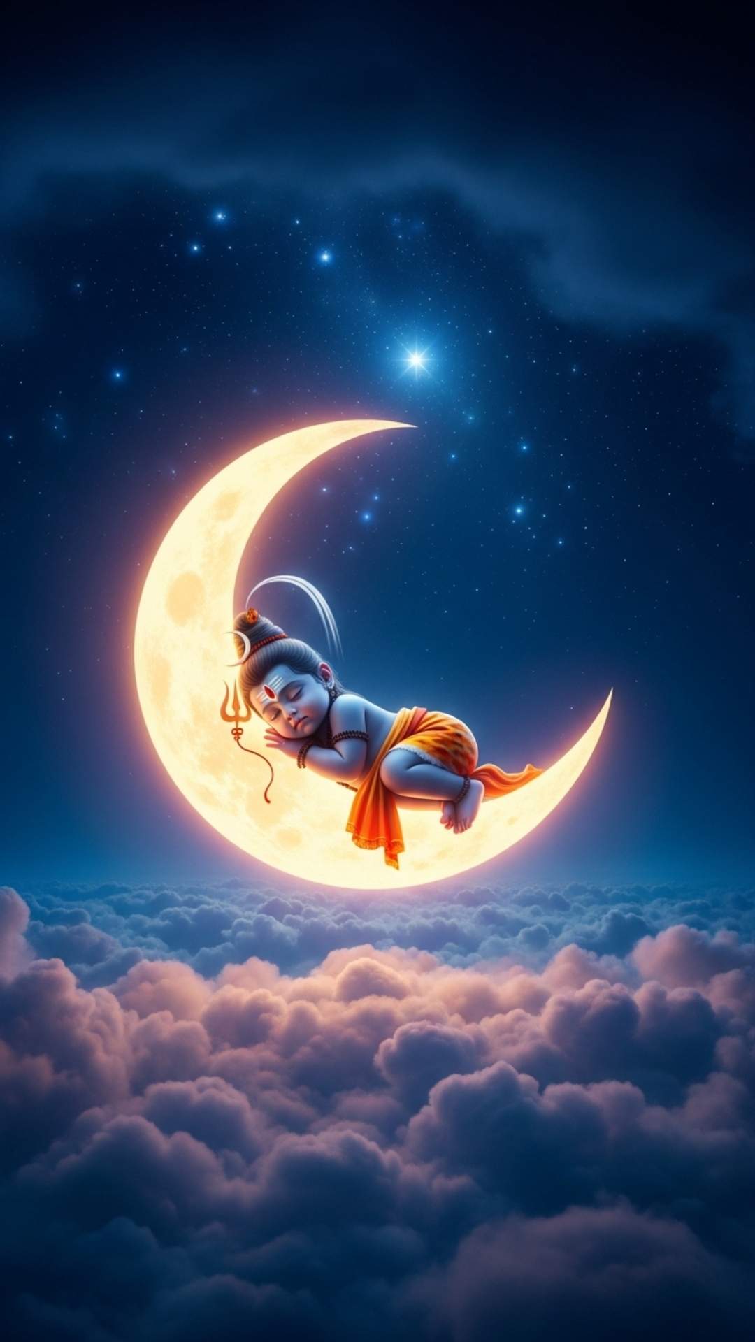 Dreamy Bal Shiv sleeping on the moon wallpaper in HD. This serene image depicts Baby Shiva resting peacefully amidst the stars, symbolizing divine protection and a calm mind. Ideal for use as a soothing 'Good Night' status or a peaceful WhatsApp DP to relieve stress and invite positive energy.