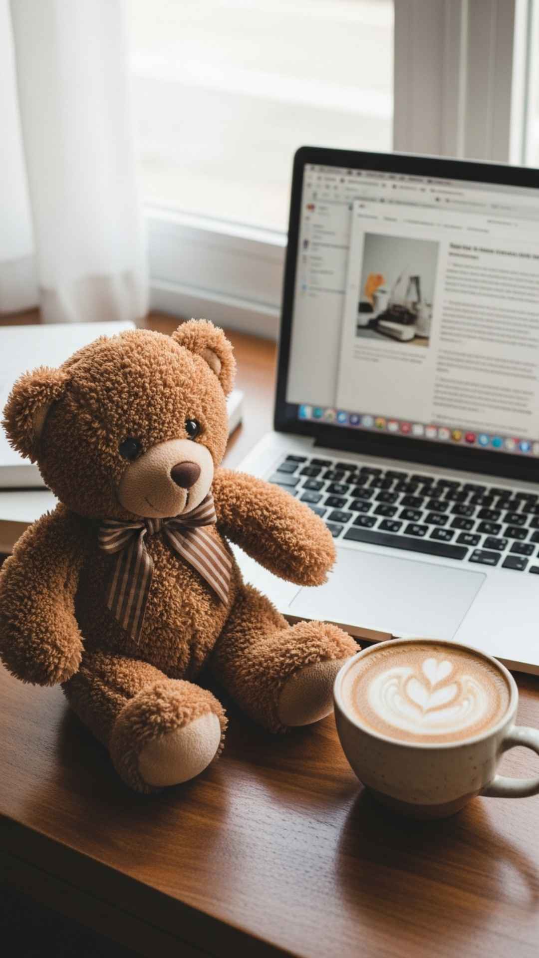 A cute teddy bear sitting next to a Macbook and a latte coffee, capturing the light academia study aesthetic for students looking for a motivational and stylish profile picture.