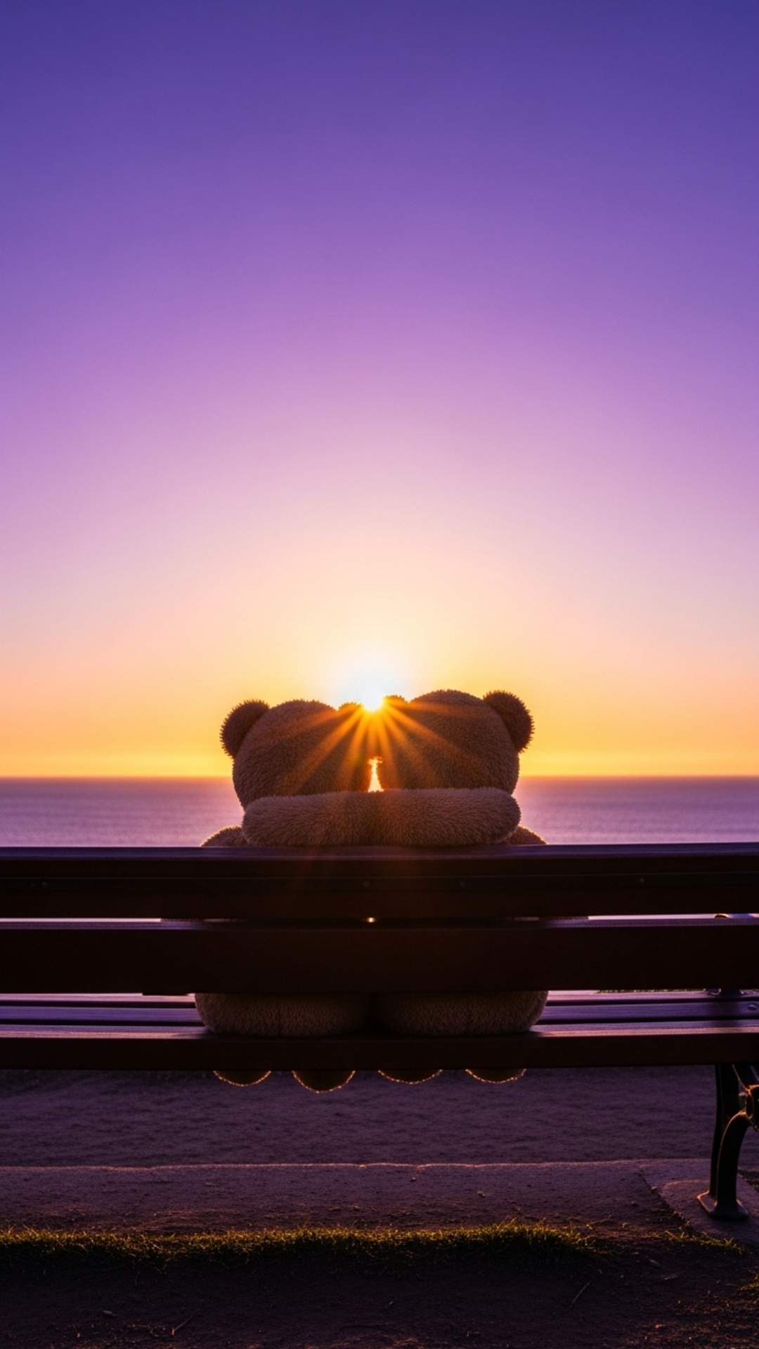 A romantic silhouette of a teddy bear couple sitting on a bench watching the sunset, ideal for a scenic and aesthetic couple wallpaper or profile picture symbolizing eternal love.