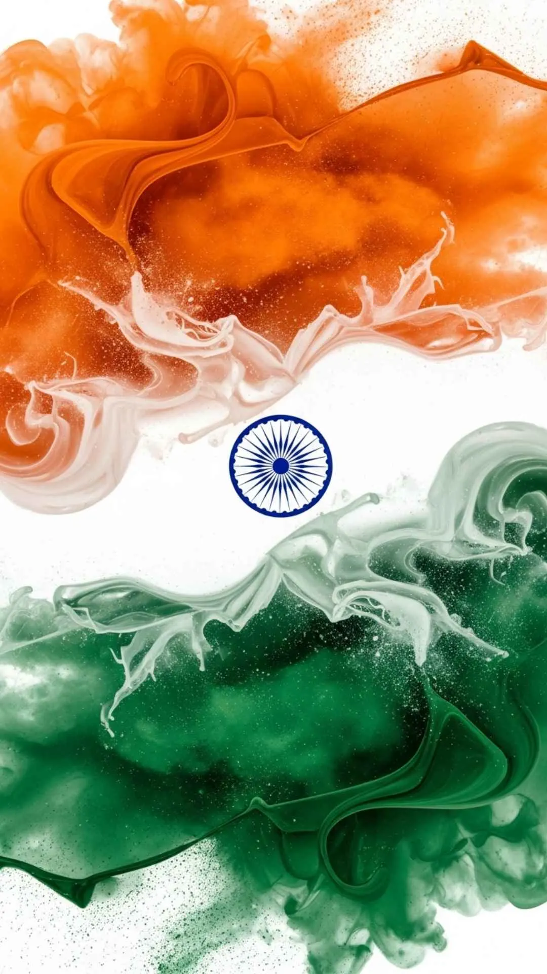 A vibrant 'Tiranga abstract art DP' in a 9:16 vertical format, featuring dynamic color splashes of saffron, white, and green with a subtle Ashoka Chakra. This artistic and unique DP image is an excellent choice for a stylish, high-resolution aesthetic wallpaper.