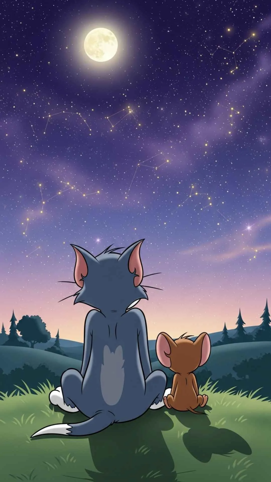 Aesthetic Tom and Jerry best friend DP, sitting side-by-side watching the night sky. This HD PFP for two friends symbolizes a deep, unspoken bond, perfect as a matching WhatsApp or Instagram profile picture in India.
