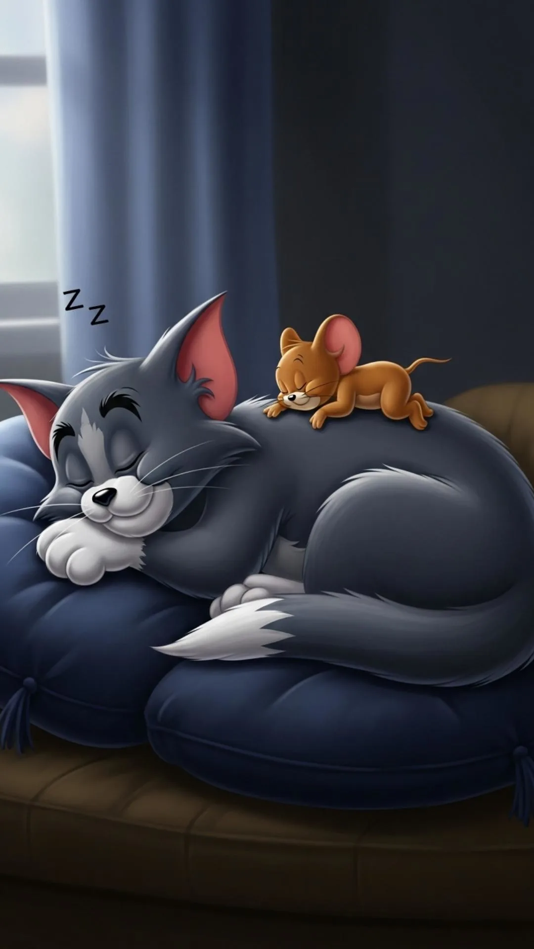 Aesthetic Tom and Jerry couple DP of them sleeping peacefully together, in a trusting fan art style. This HD romantic PFP for WhatsApp symbolizes peace and inseparable affection, a top cute download for couples in India.