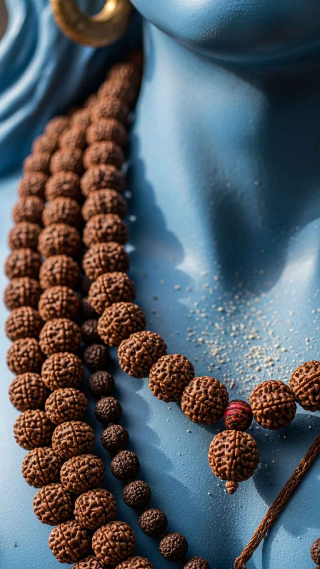 Ultra-HD close-up Bholenath DP focusing on the realistic texture of Rudraksha beads and ash-smeared blue skin. This macro photography wallpaper showcases true 4K quality with zero blur, perfect for users searching for high-resolution Mahadev images that look crisp on large smartphone screens (iPhone/Android).