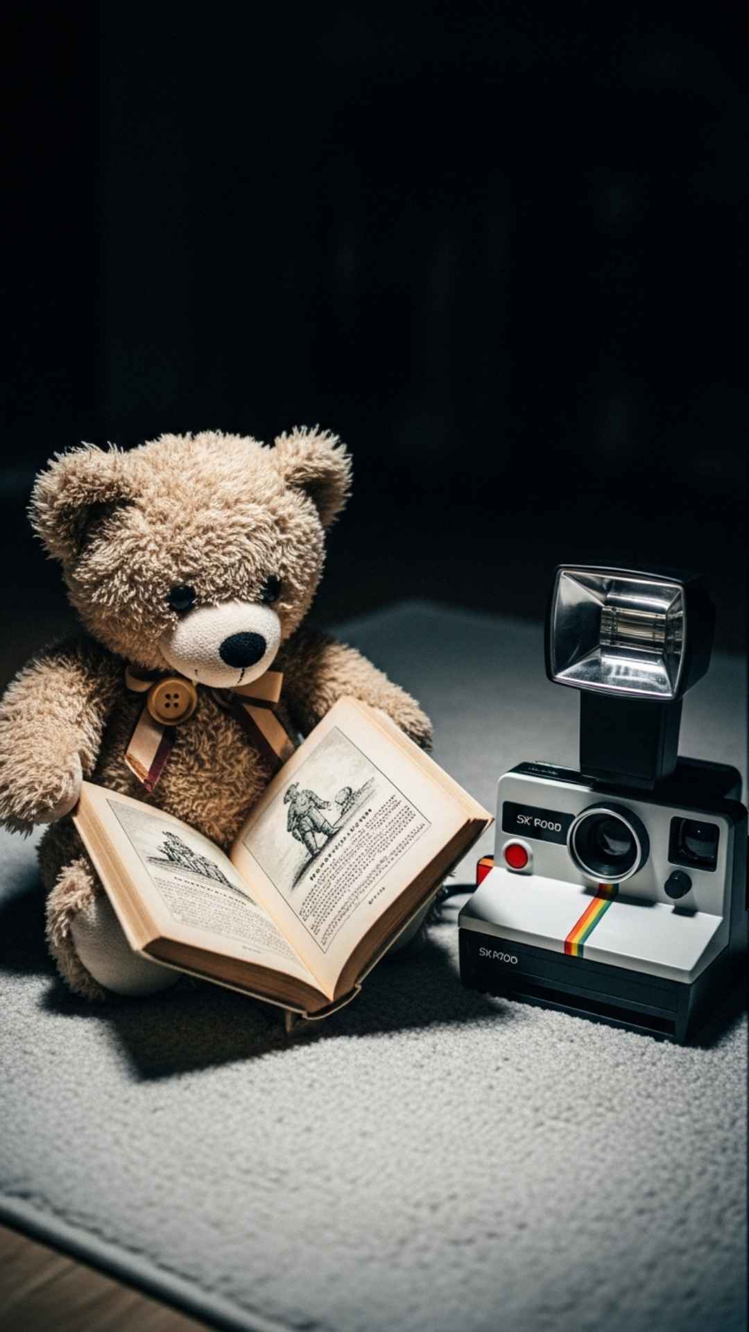 A vintage style teddy bear reading an open book with retro film grain texture, capturing the indie kid aesthetic for a unique and artsy WhatsApp display picture or Booktok background.