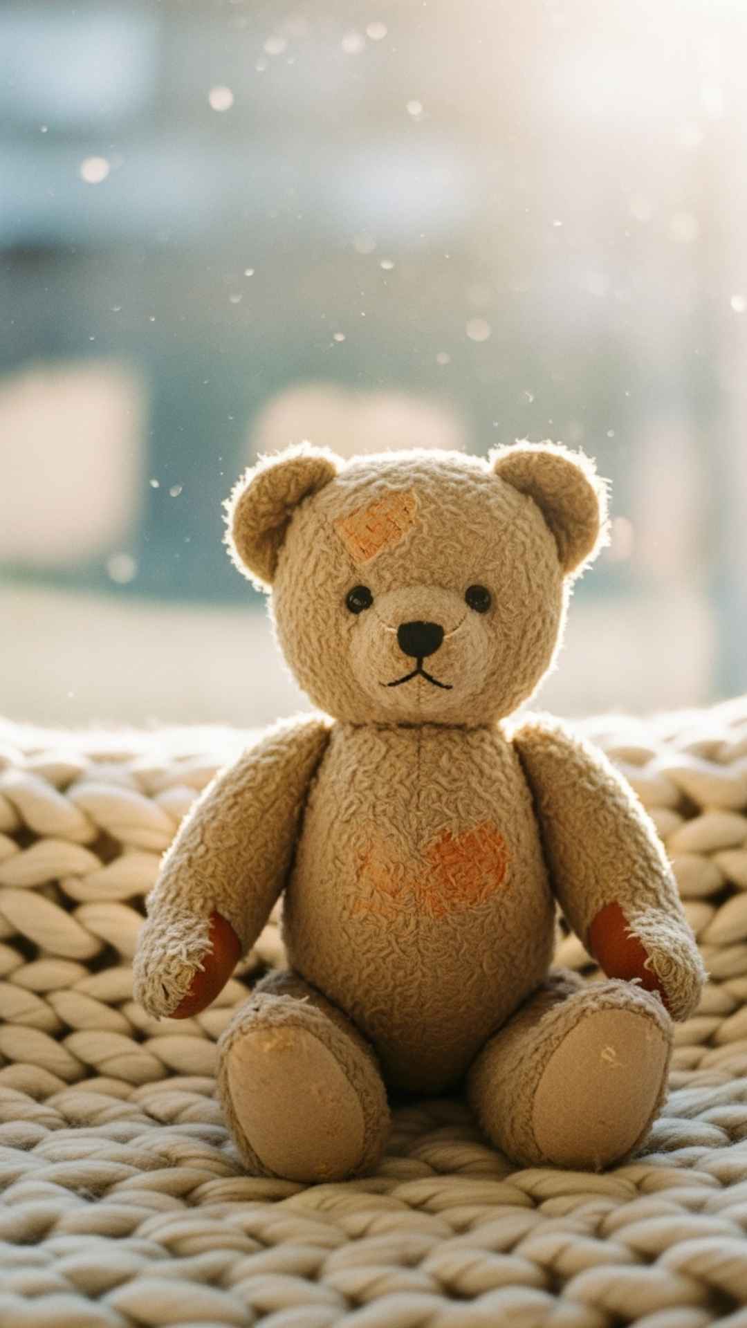 A nostalgic, vintage teddy bear sitting on a warm blanket by a window, representing a psychological transitional object for comfort and security in a high-quality HD profile picture.