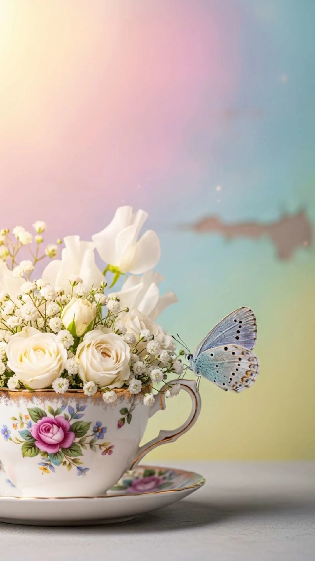 A whimsical and cute butterfly DP for girls, showing a delicate blue butterfly on a teacup. This romantic, aesthetic HD photo is perfect for a dreamer's profile. Free download from Majekfilms.com.