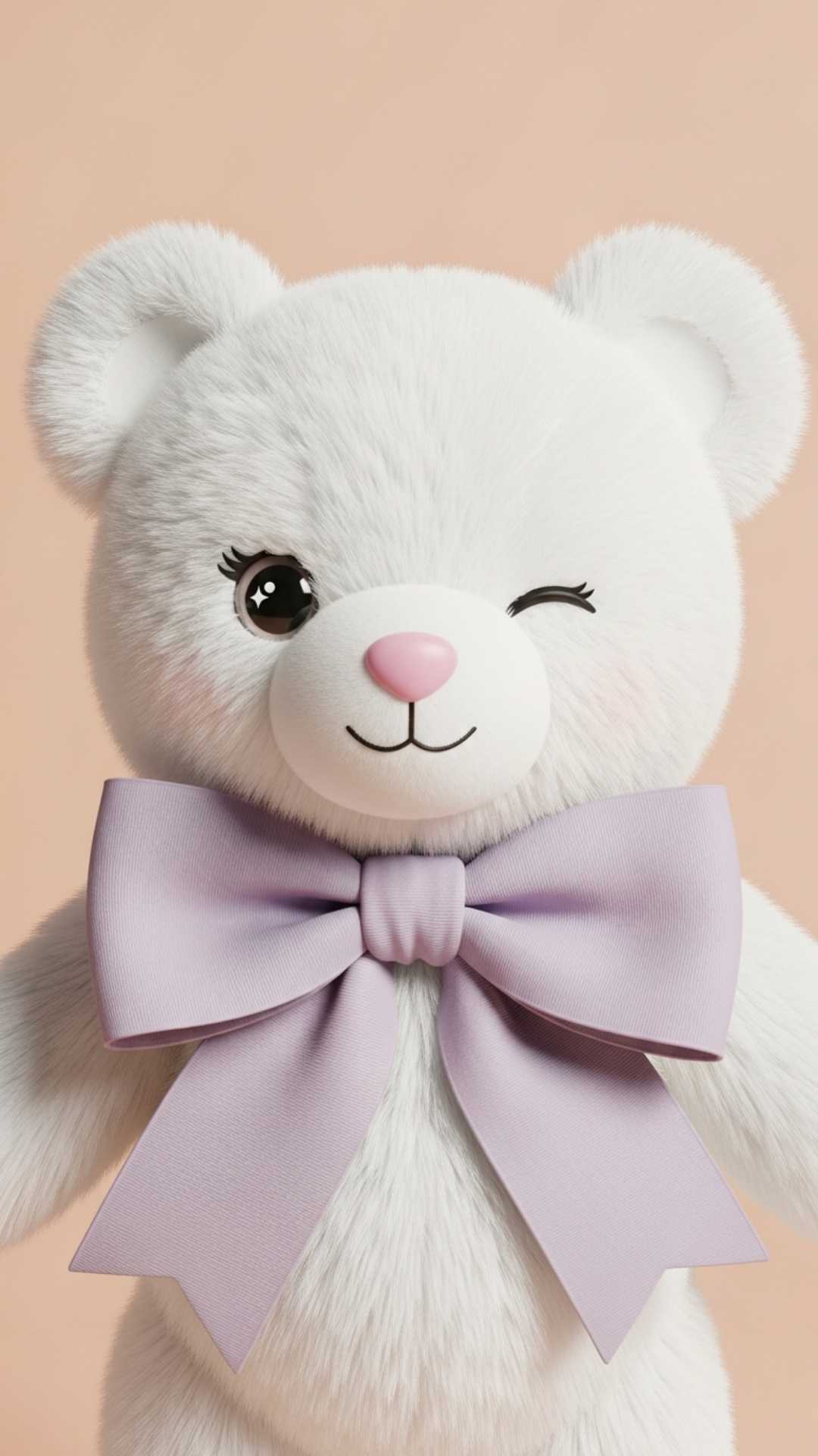A minimalist cute white teddy bear icon wearing a lavender ribbon on a peach background, winking playfully to serve as a high-quality, cheerful avatar or display picture for WhatsApp and Telegram users.
