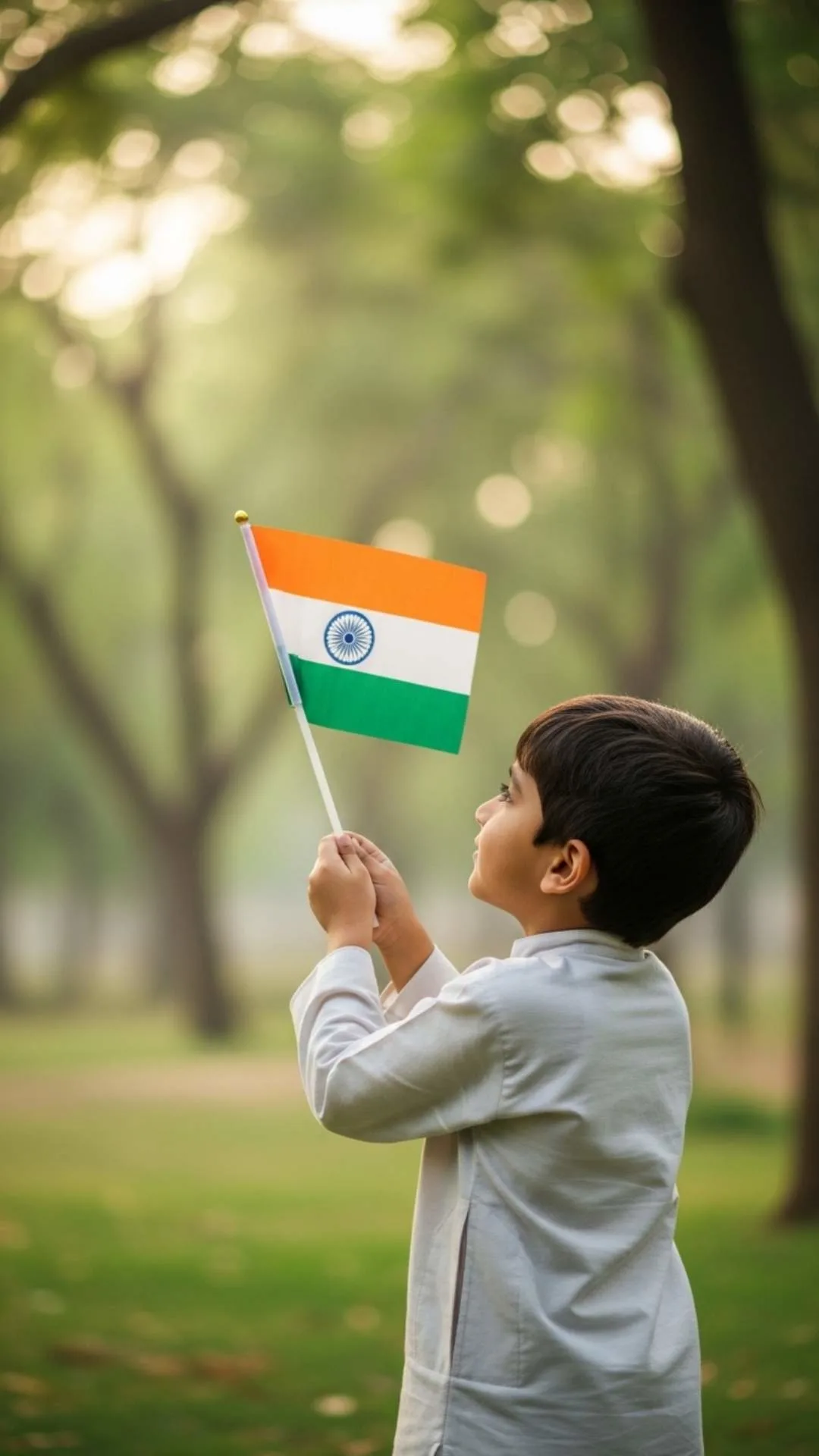 A heartwarming 'Indian flag DP boy' in 9:16 HD, showing a young boy proudly holding the Indian flag. This image merges personal identity with national pride and is a respectful, free download choice for a WhatsApp DP