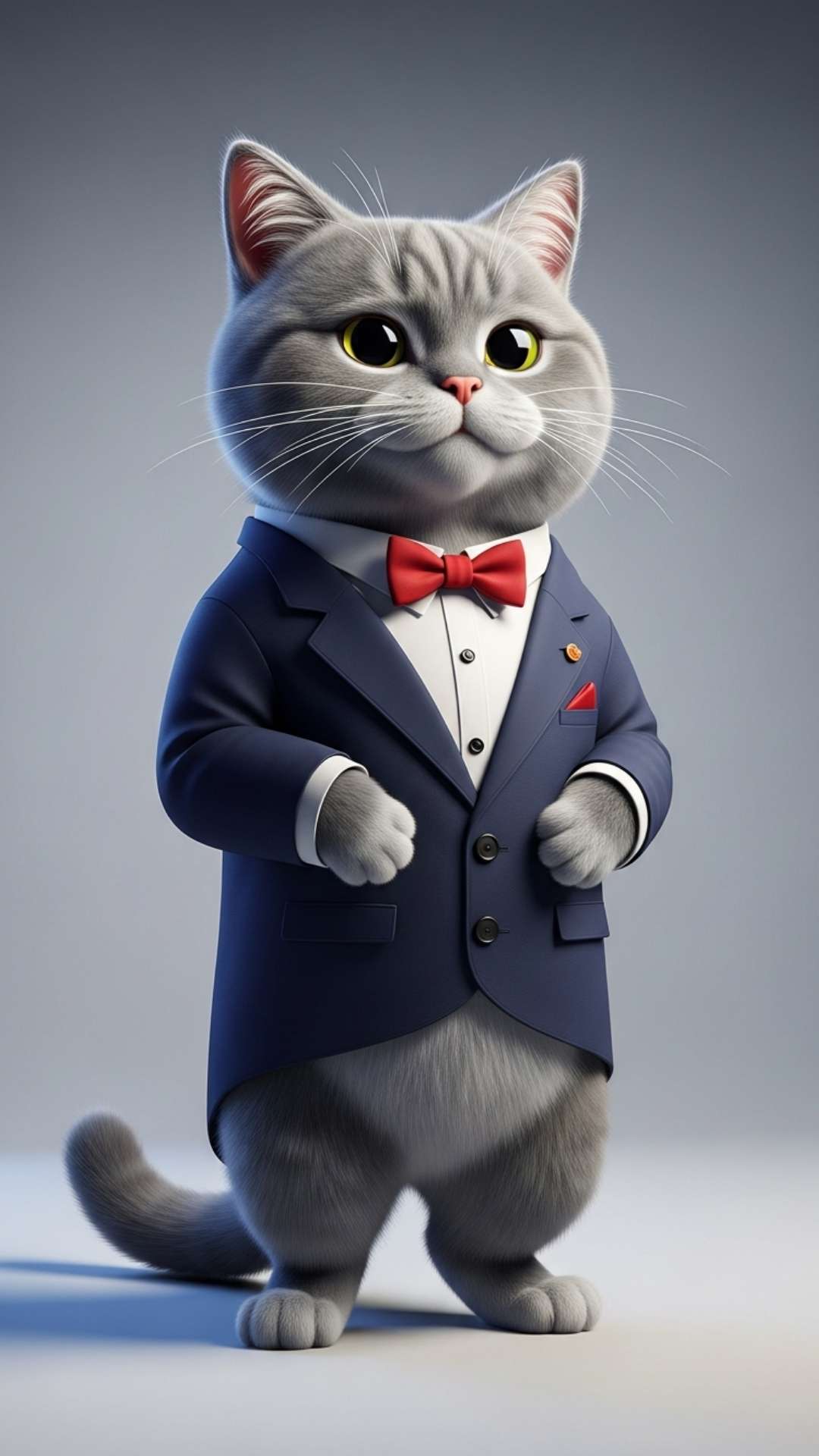 An AI-generated 3D cat character wearing a formal human business suit and bow tie, designed as a unique and professional profile picture. This high-quality 3D render avatar serves as a fun yet dapper choice for users on Discord or Zoom looking for a "cat in suit" aesthetic.