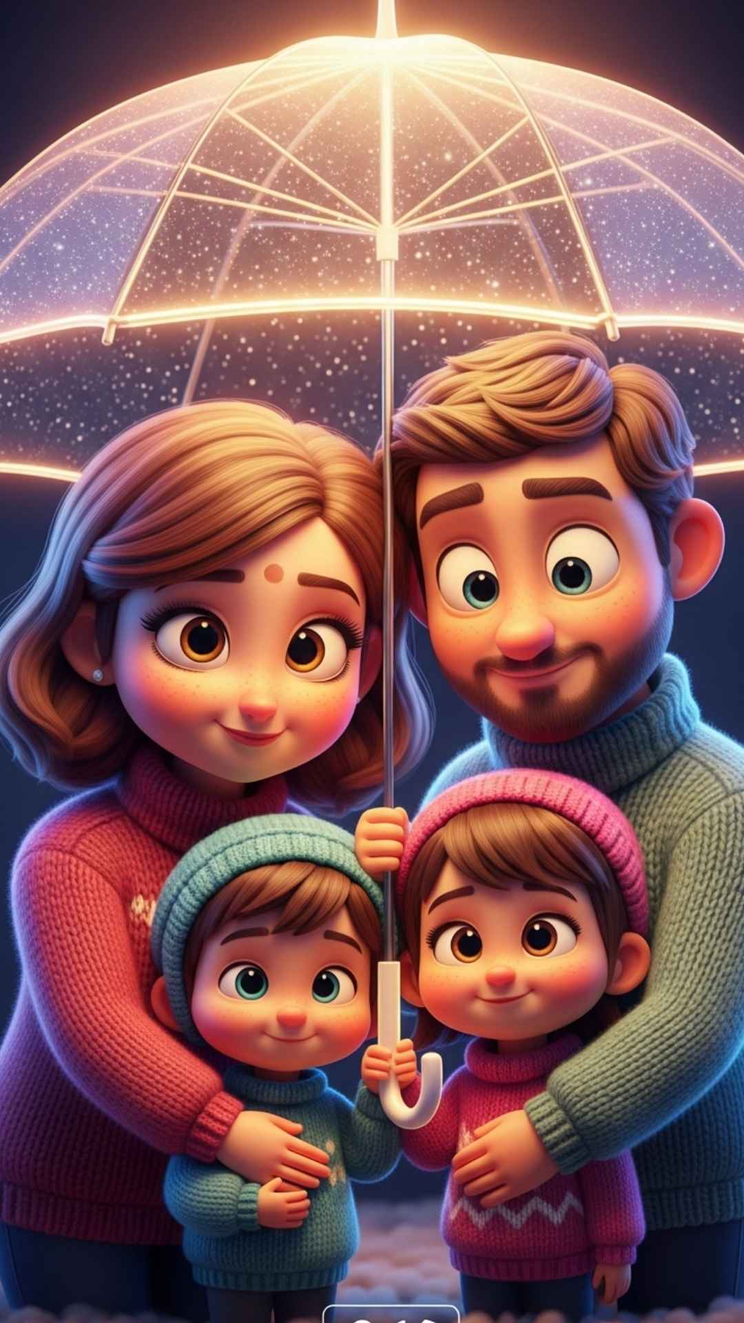 A vertical 3D Disney-Pixar style family avatar featuring a cute animated family of four with big eyes and soft lighting, perfect for a privacy-focused WhatsApp DP that follows the viral AI art trend of 2025.