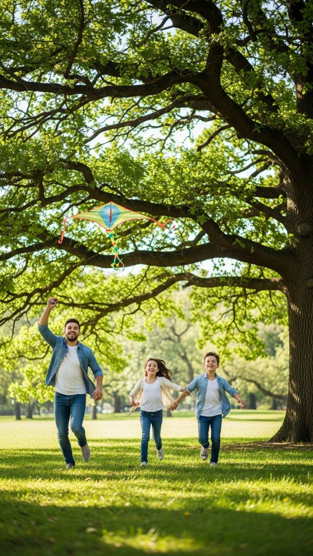 A dynamic action shot of a happy family running and playing in a park, suitable for an energetic family profile picture (DP) that showcases an active lifestyle and outdoor fun without stiff posing.