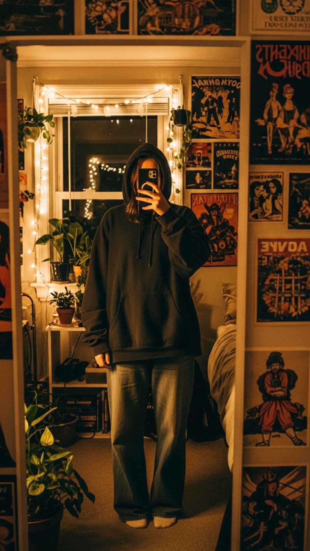 A vertical aesthetic mirror selfie featuring the popular "hidden face" pose, where a person obscures their face with a phone in a cozy room. This style is a top trend for anonymous WhatsApp DPs and cool Instagram profile pictures for girls and boys seeking mystery.