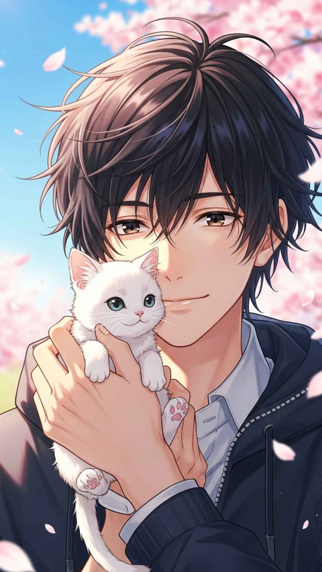 A handsome anime boy holding a cute white kitten, featuring a soft and artistic manga style. This trending anime profile picture is ideal for male users looking for a "2D" avatar that conveys gentleness and aesthetic appeal on platforms like Discord or Instagram.