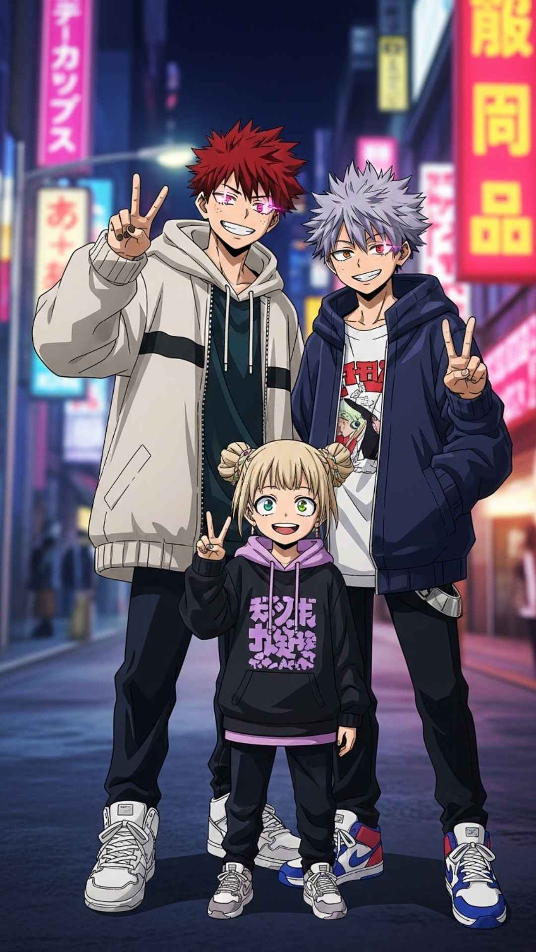 A trendy vertical anime style family portrait with neon city background, appealing to Gen Z parents and young families looking for a cool, Japanese animation-inspired Instagram DP or creative avatar.
